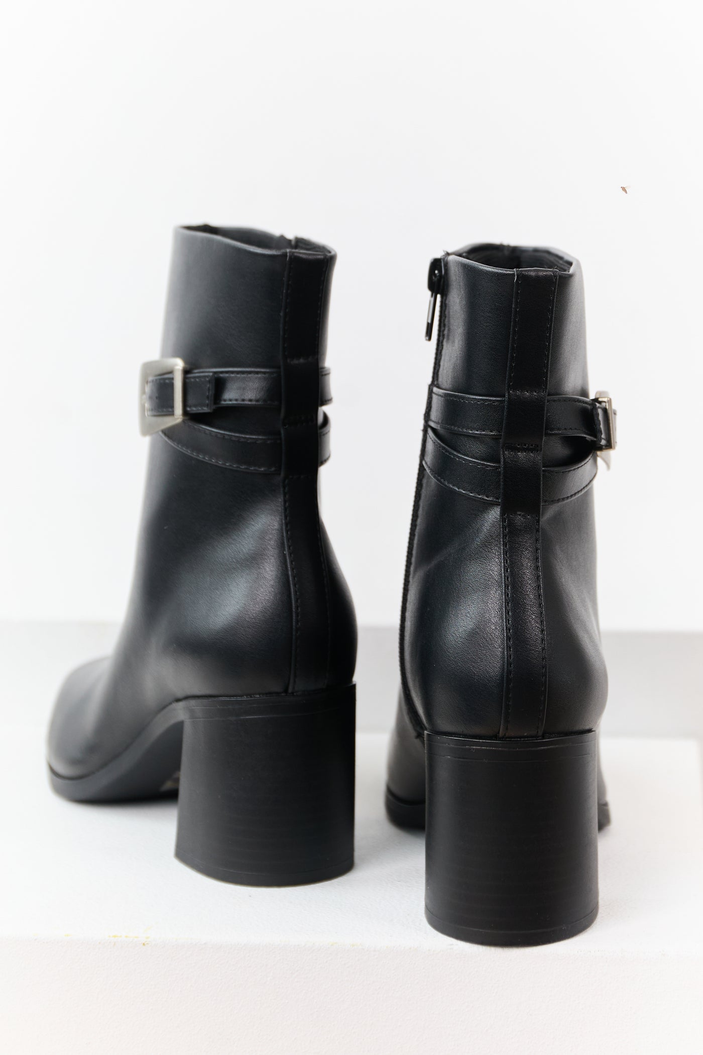 Black Faux Leather Block Heel Buckle Booties