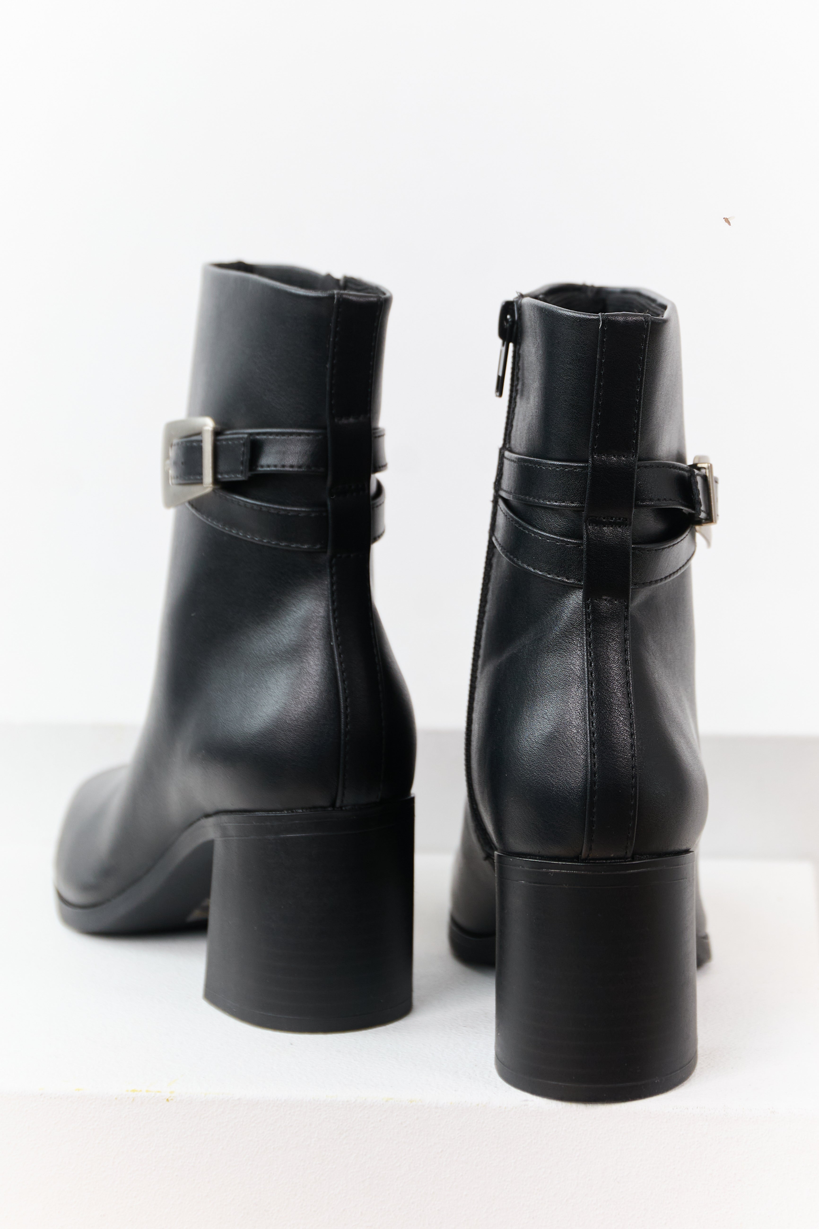 Black Faux Leather Block Heel Buckle Booties
