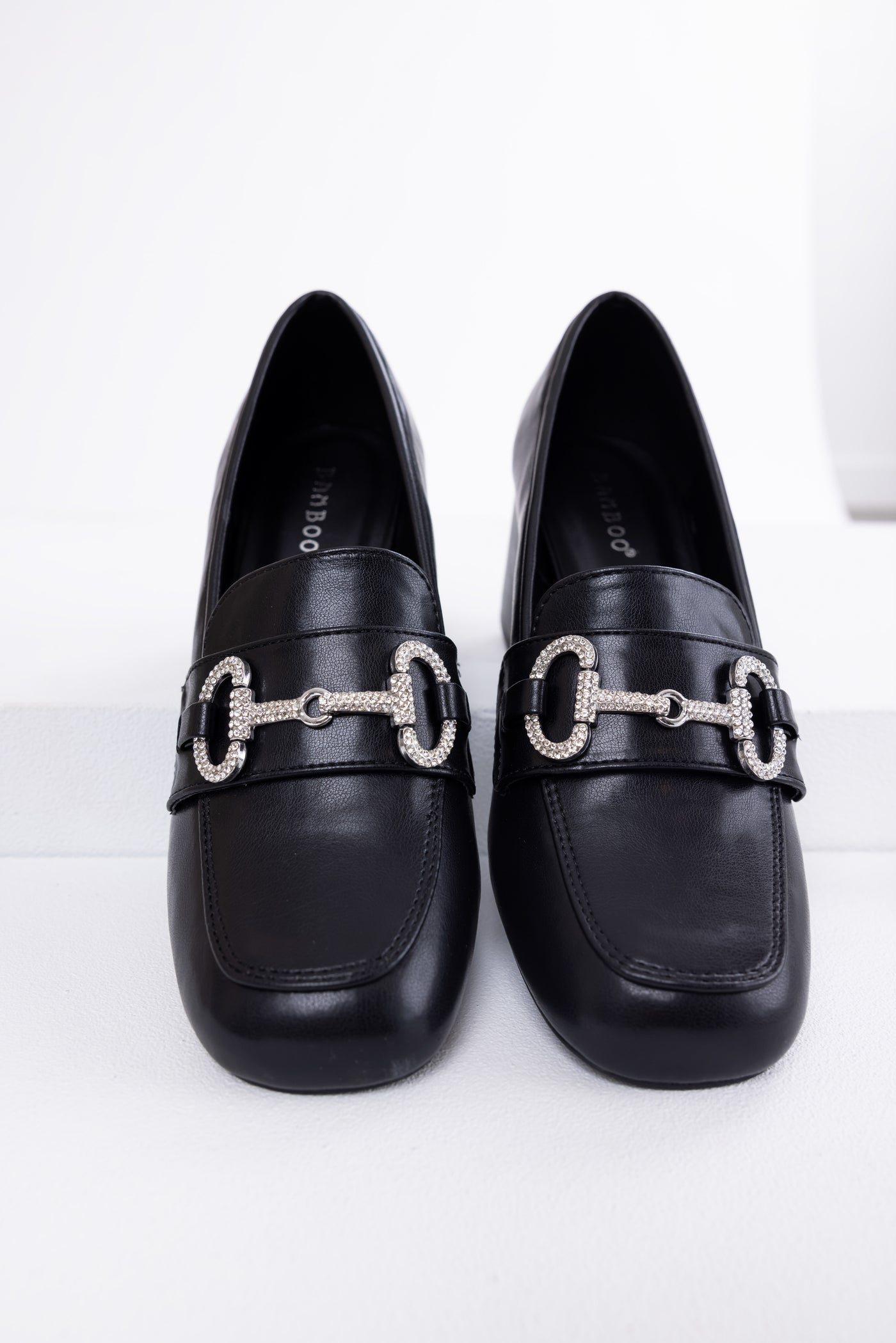 Black Faux Leather Block Heel Loafers