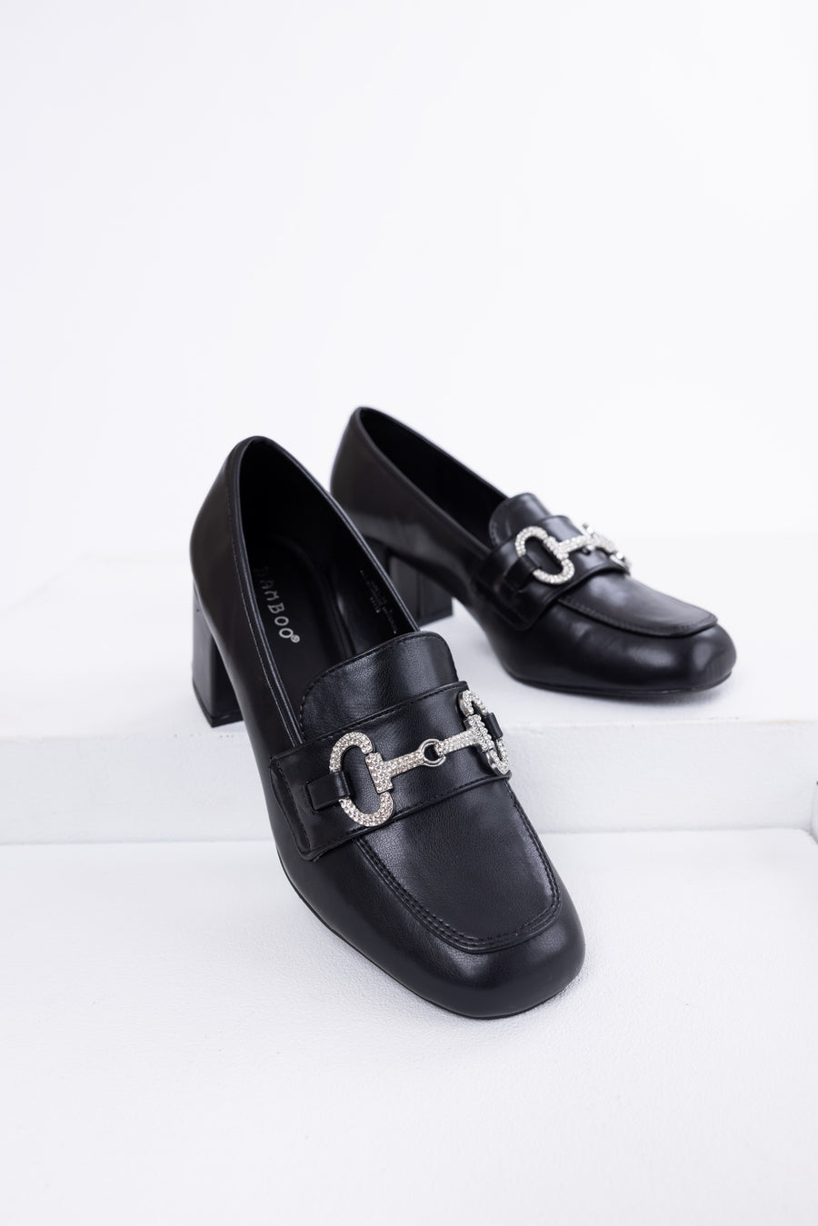 Black Faux Leather Block Heel Loafers