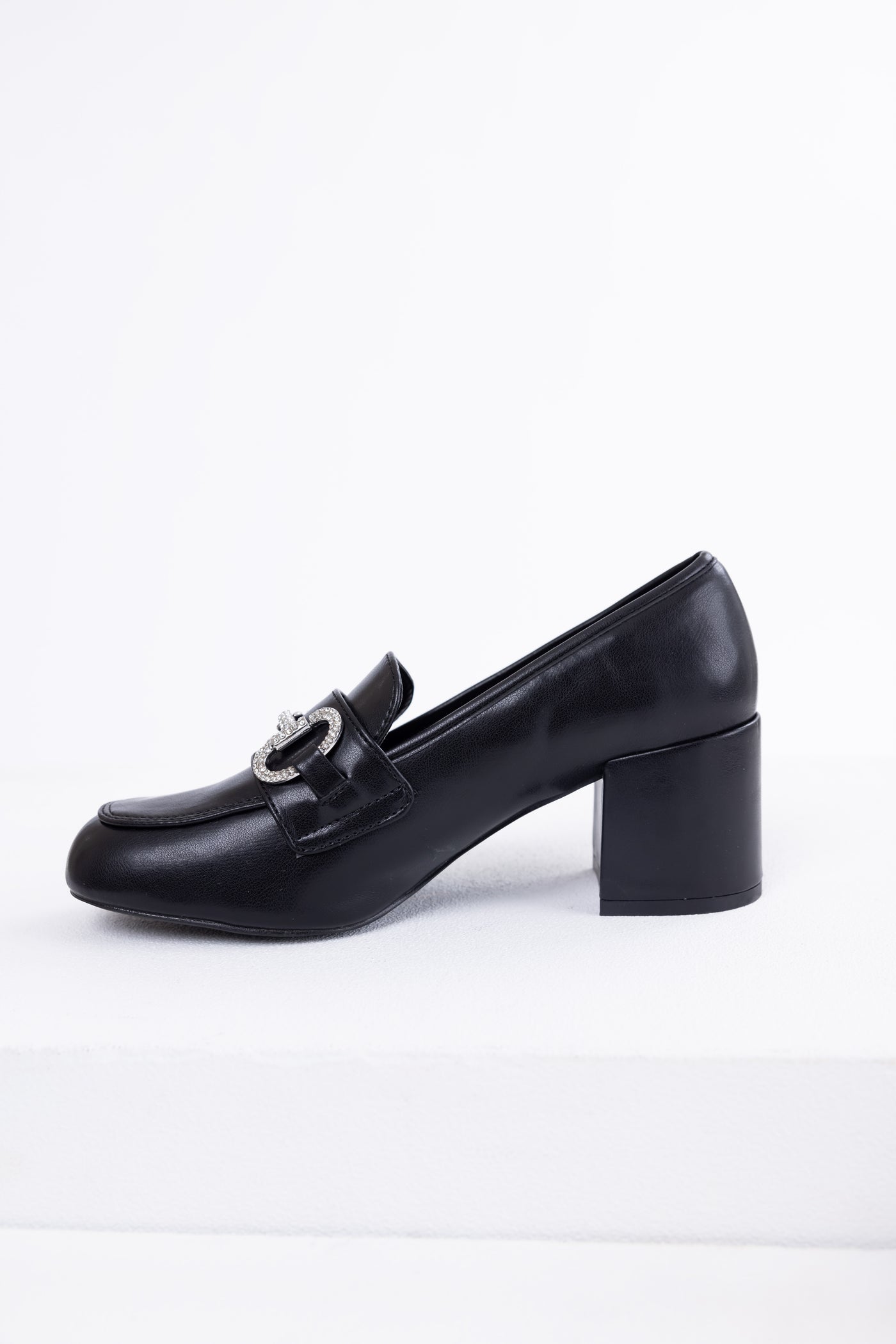 Black Faux Leather Block Heel Loafers