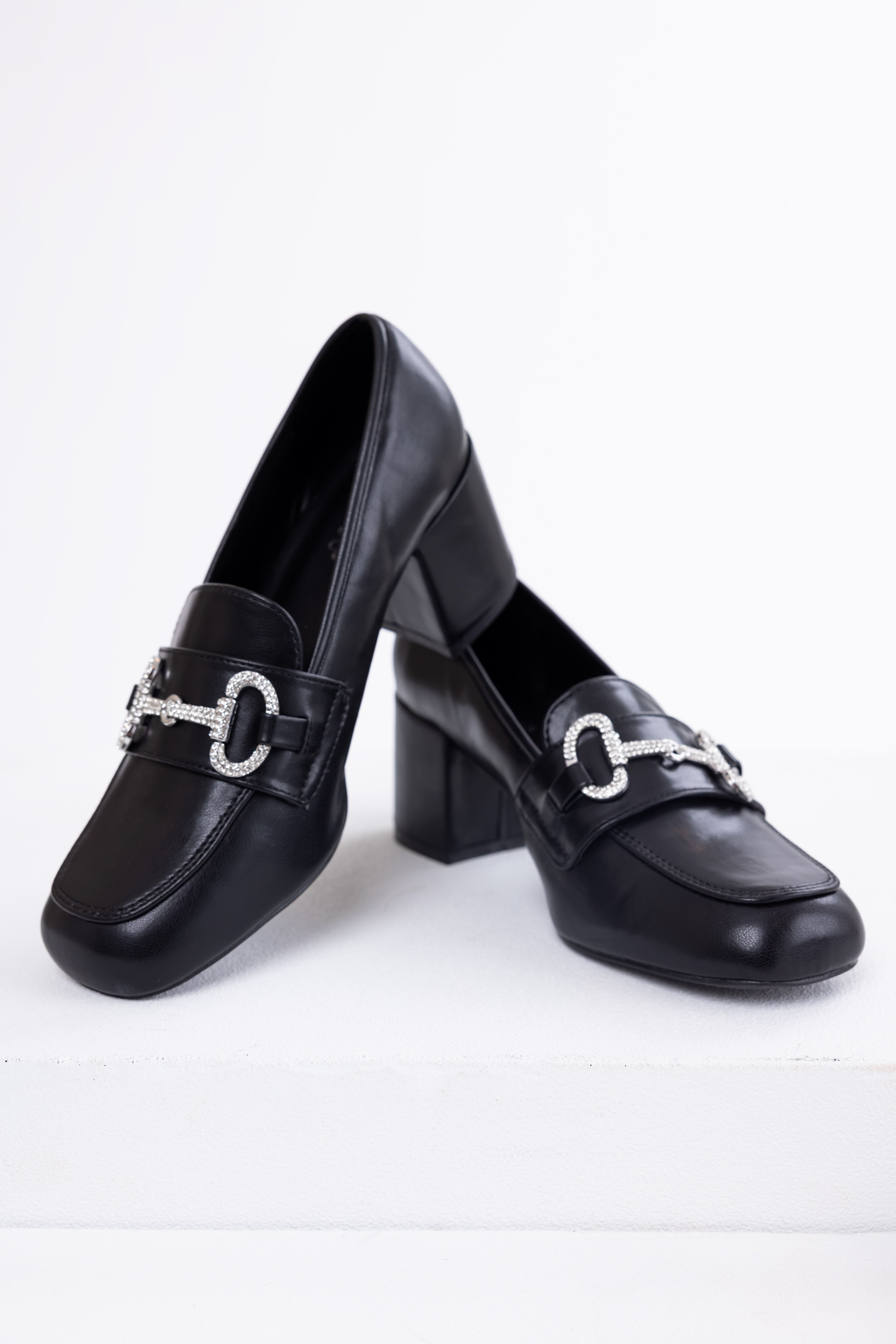 black dress shoes women Black Faux Leather Block Heel Loafers