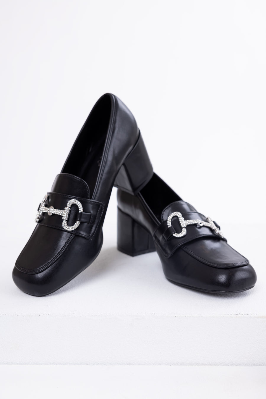Black Faux Leather Block Heel Loafers