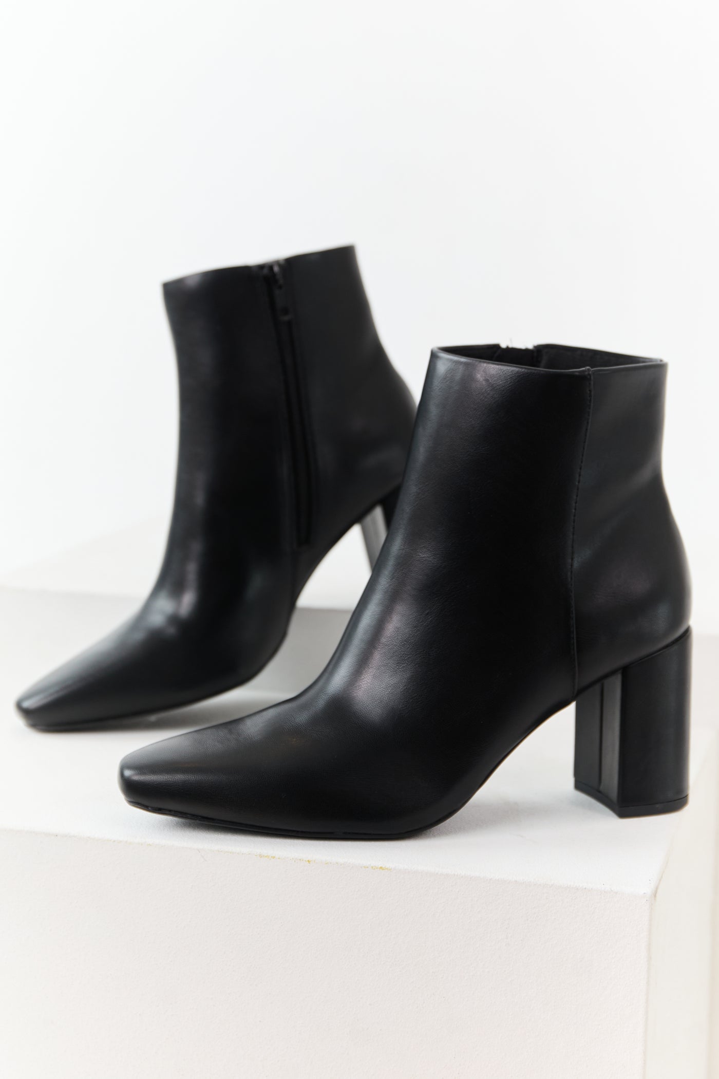Black Faux Leather Block Heel Pointed Toe Booties