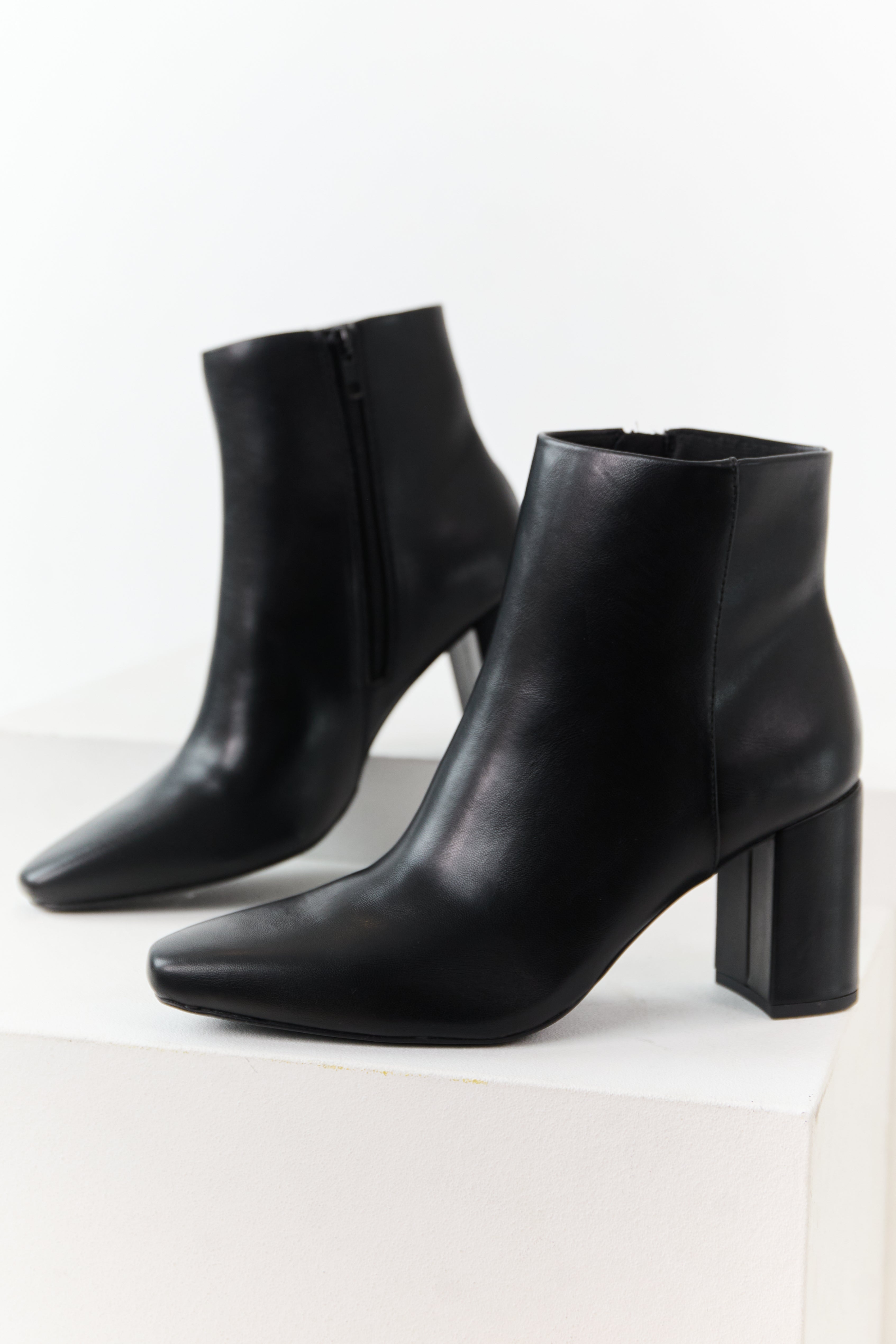 Black Faux Leather Block Heel Pointed Toe Booties
