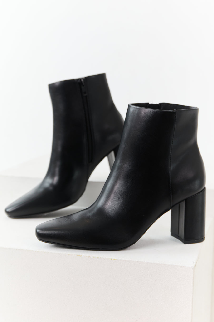 Black Faux Leather Block Heel Pointed Toe Booties