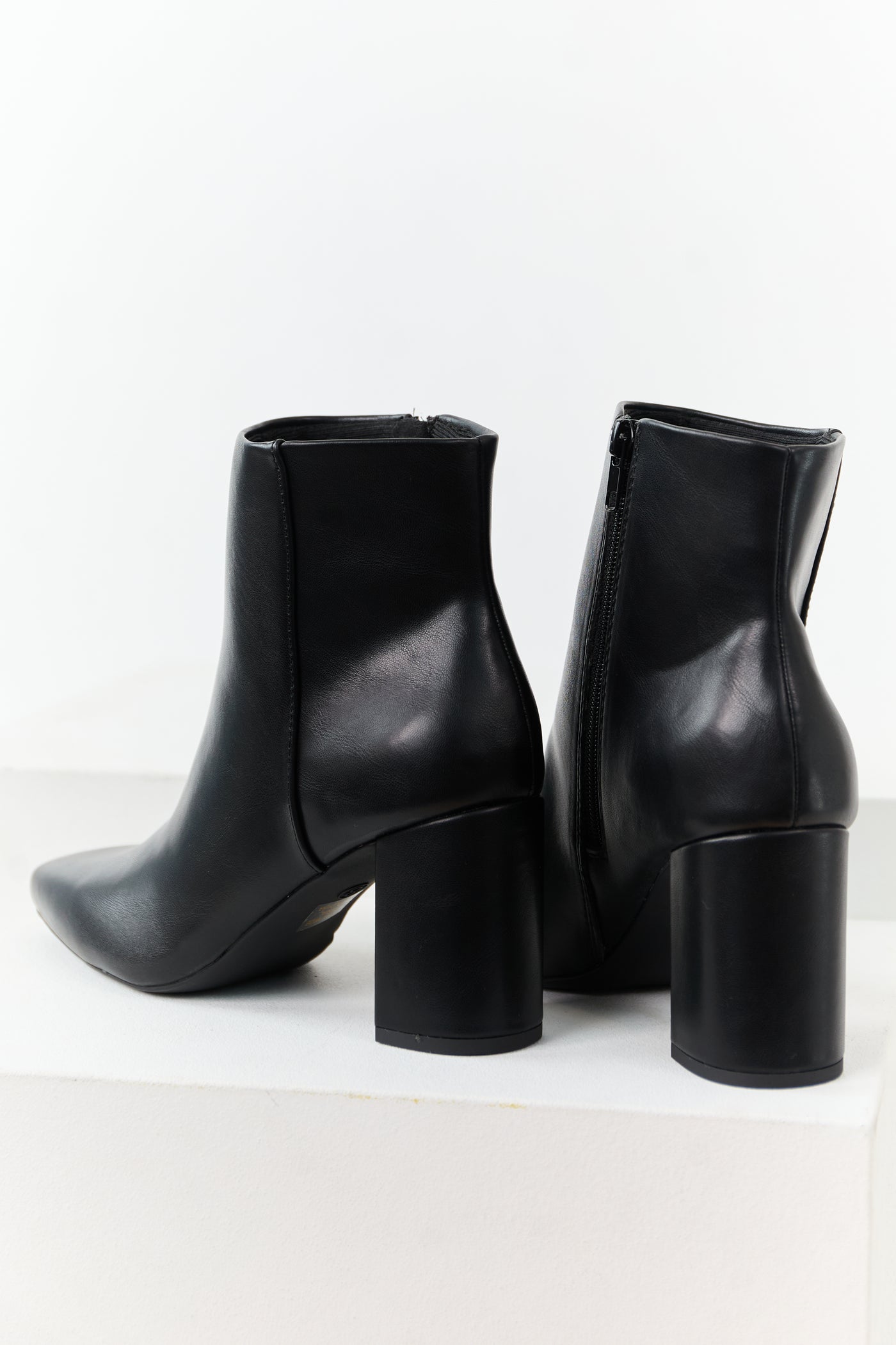 Black Faux Leather Block Heel Pointed Toe Booties
