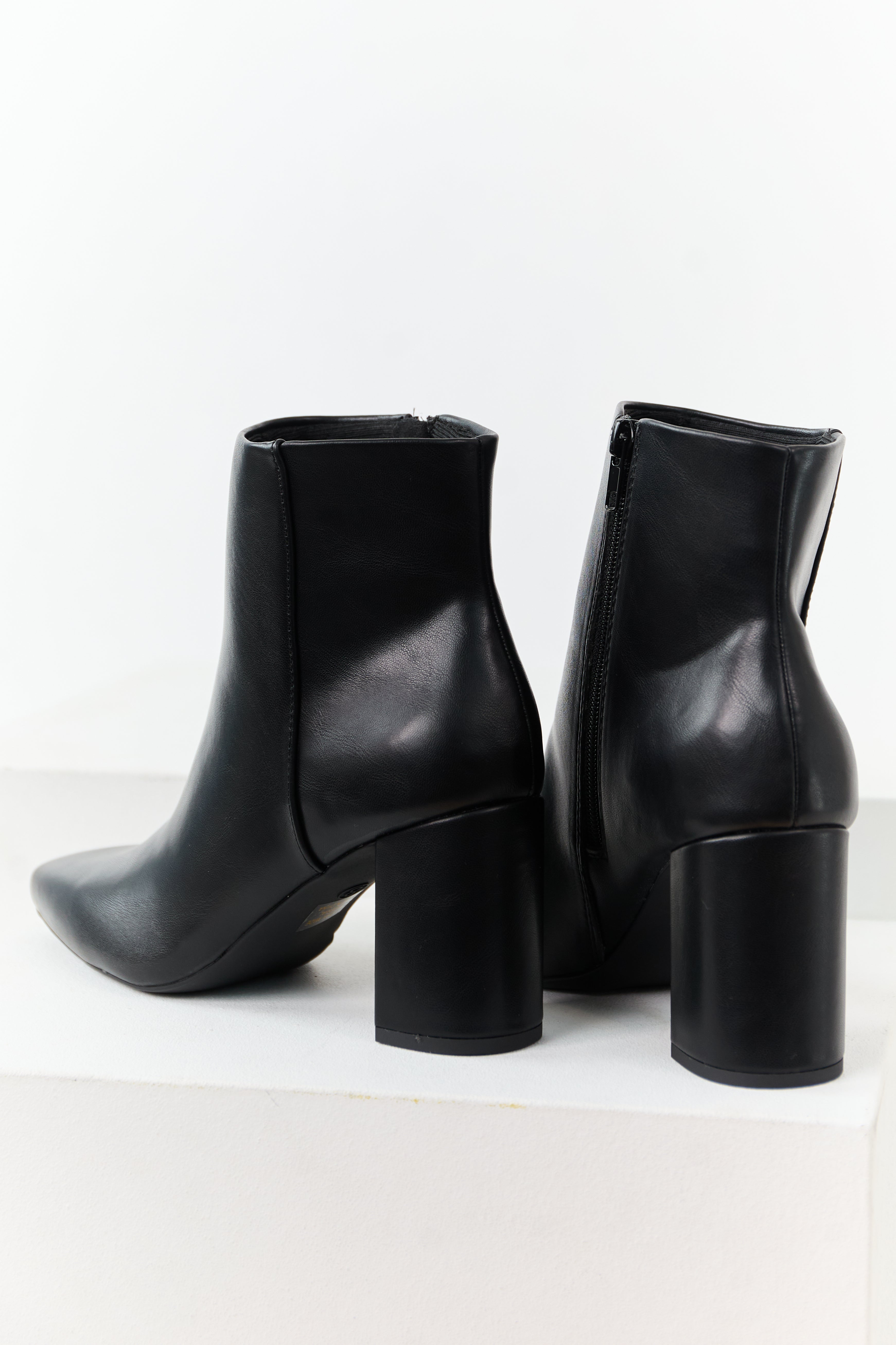 Black Faux Leather Block Heel Pointed Toe Booties