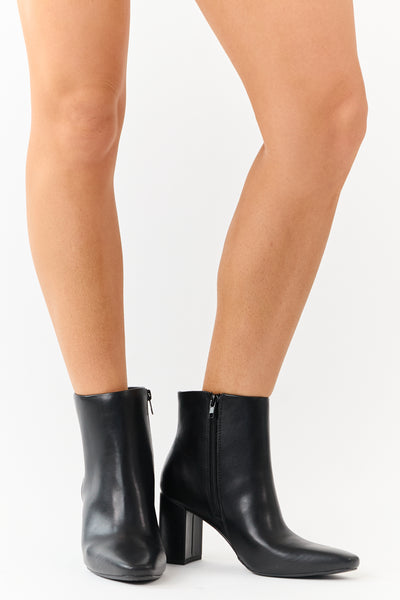 Black Faux Leather Block Heel Pointed Toe Booties