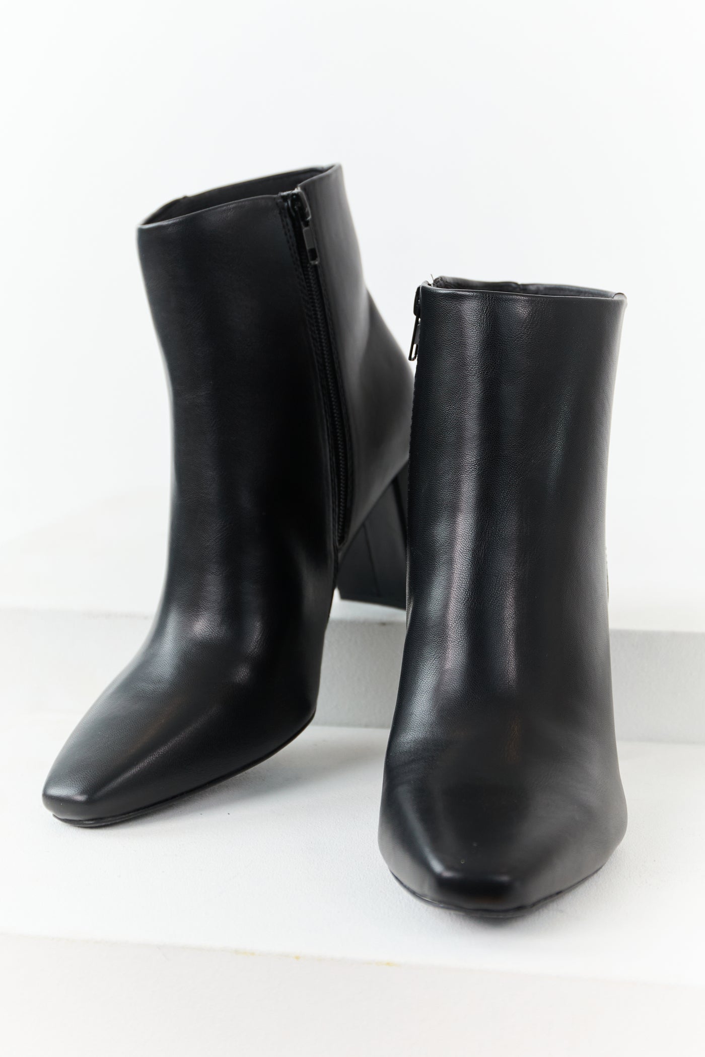 Black Faux Leather Block Heel Pointed Toe Booties