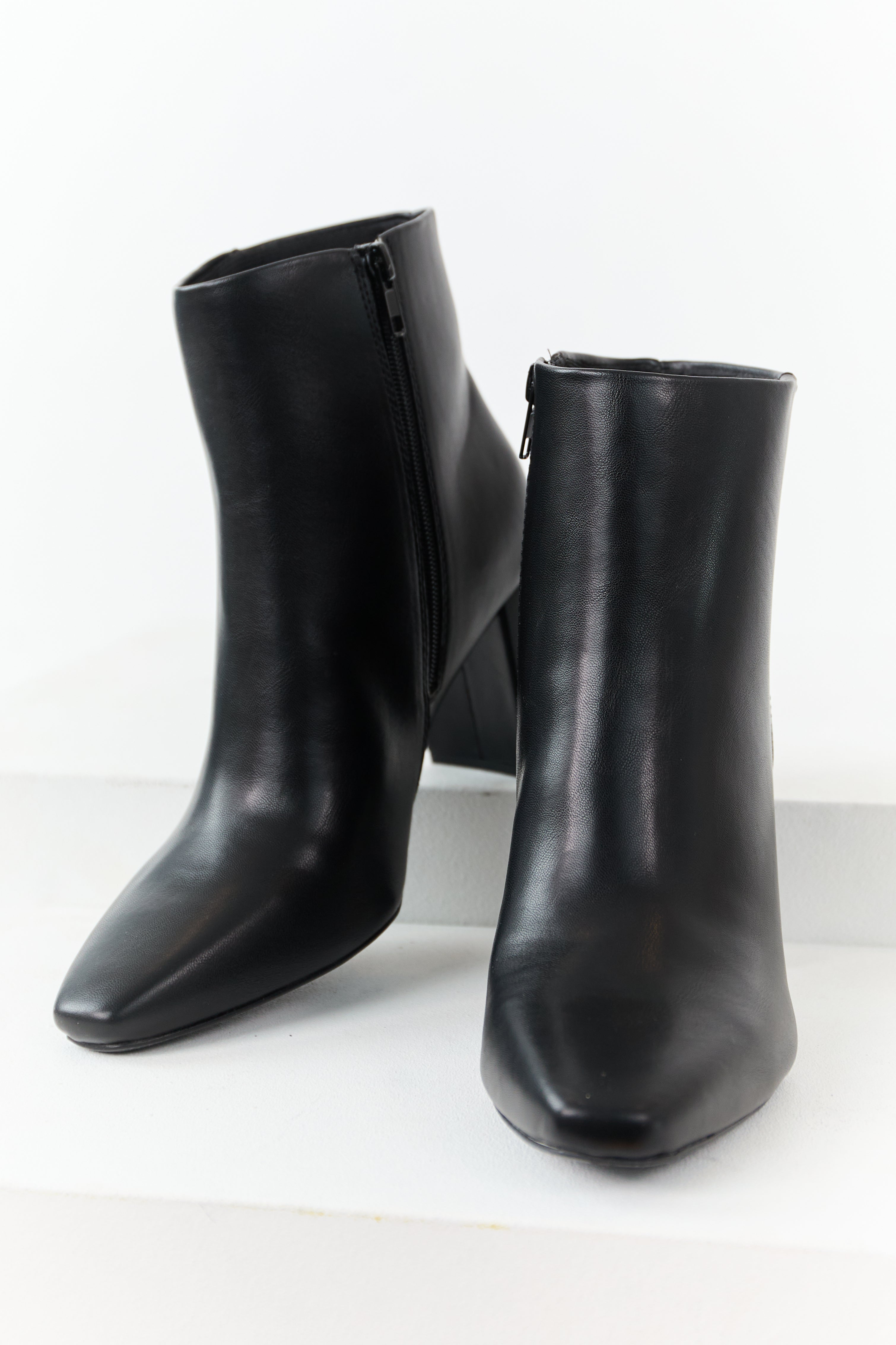 Black Faux Leather Block Heel Pointed Toe Booties