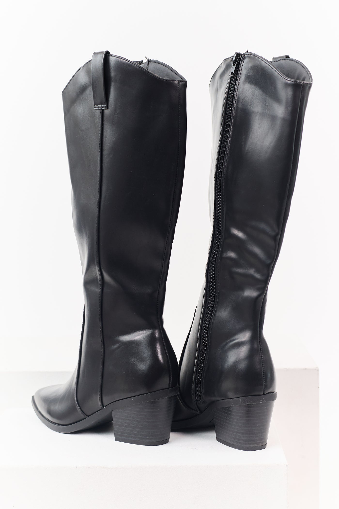 Black Faux Leather Block Heel Pointed Toe Tall Boots