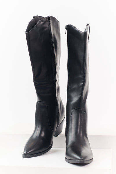 Black Faux Leather Block Heel Pointed Toe Tall Boots