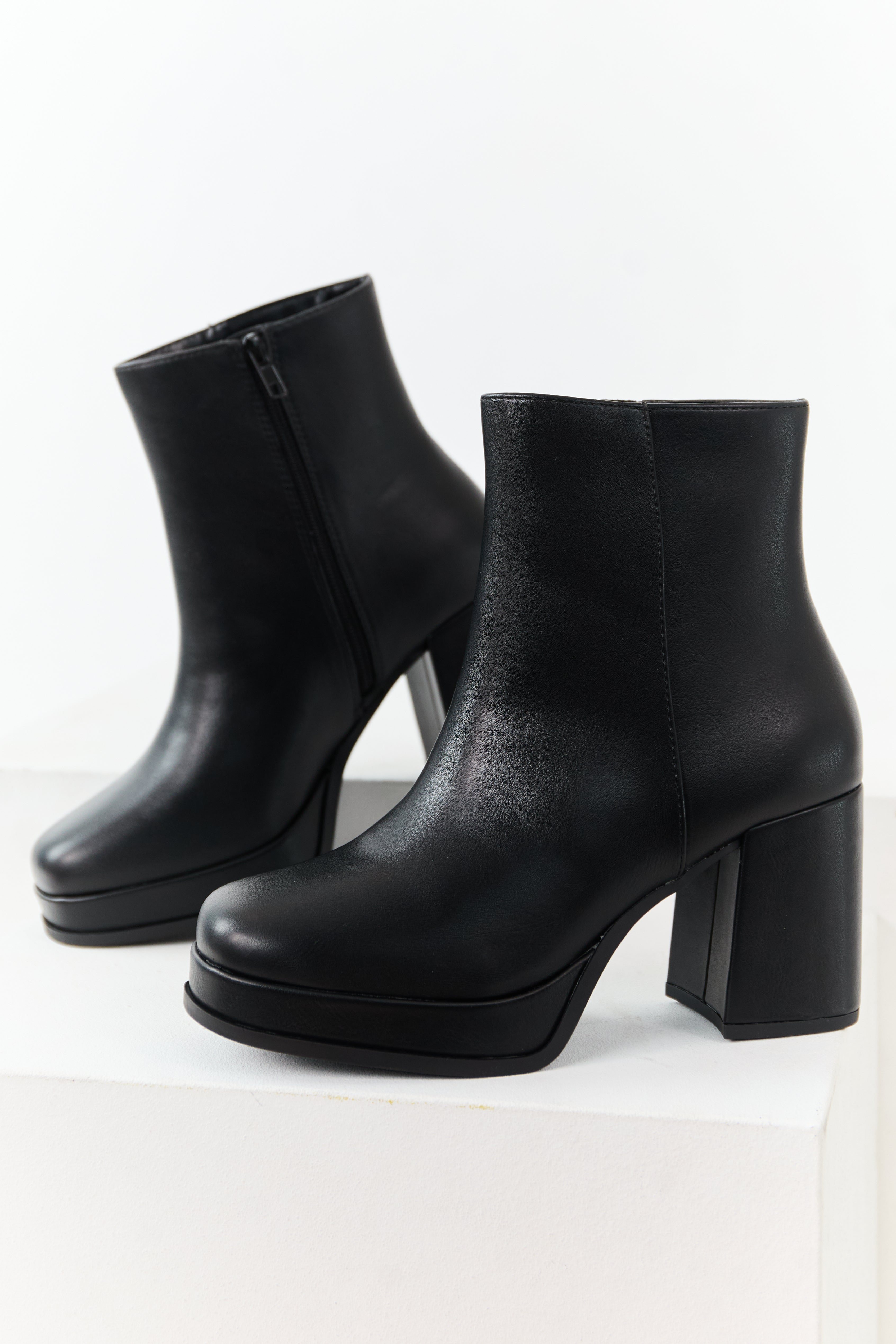 Black Faux Leather Block Heel Round Toe Booties