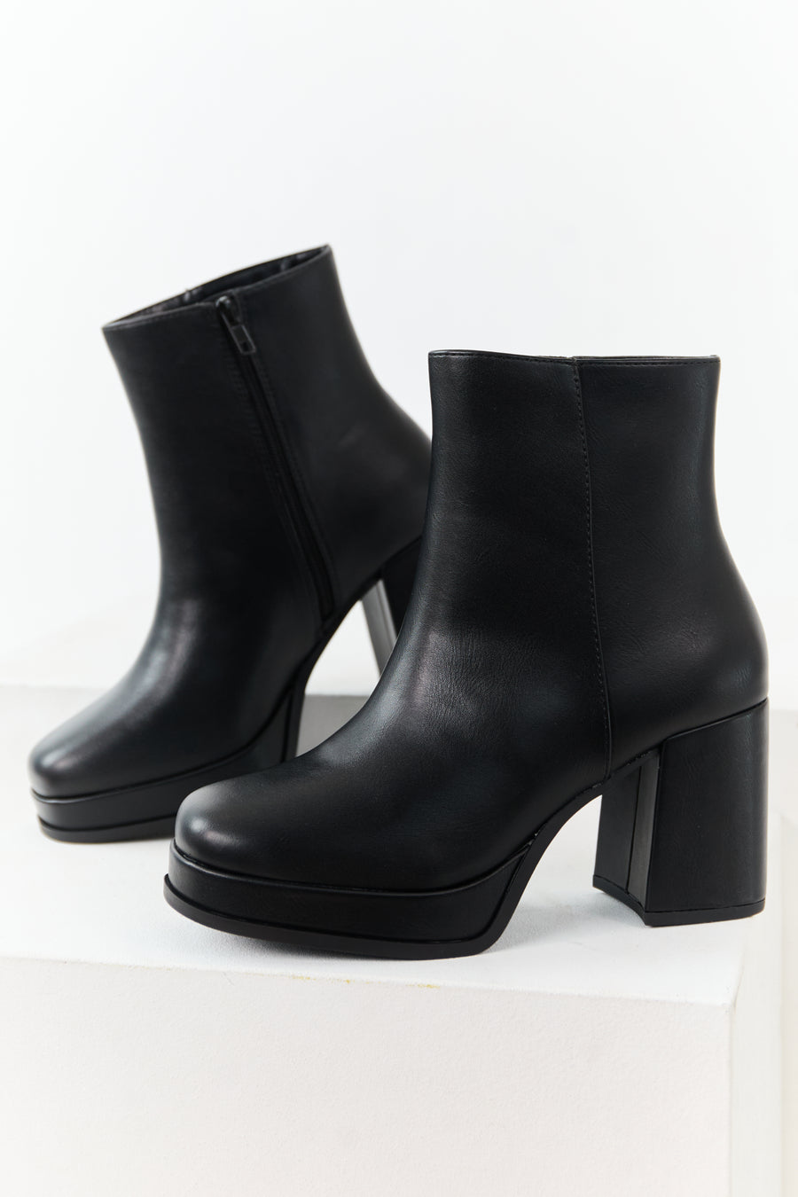 Black Faux Leather Block Heel Round Toe Booties