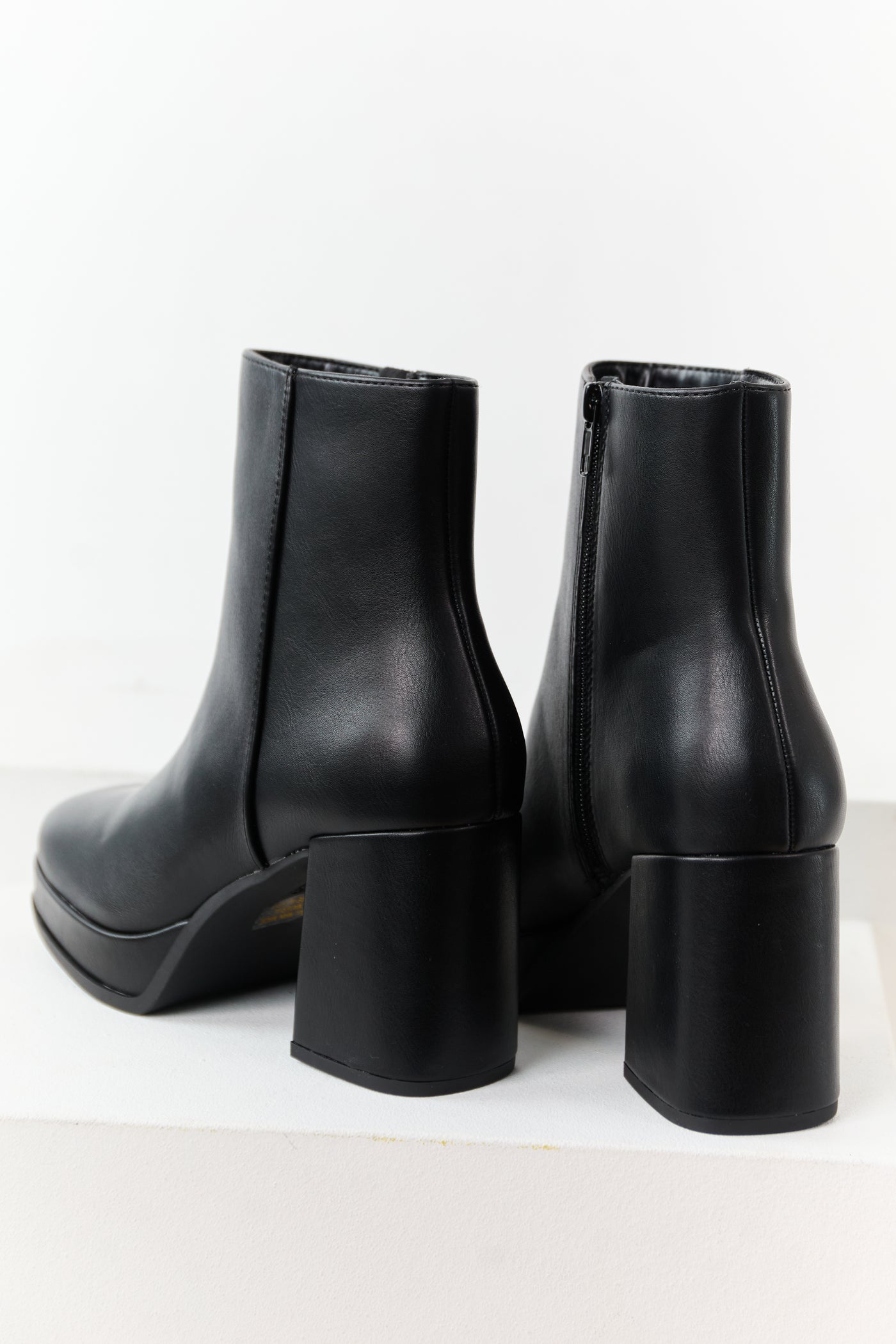 Black Faux Leather Block Heel Round Toe Booties