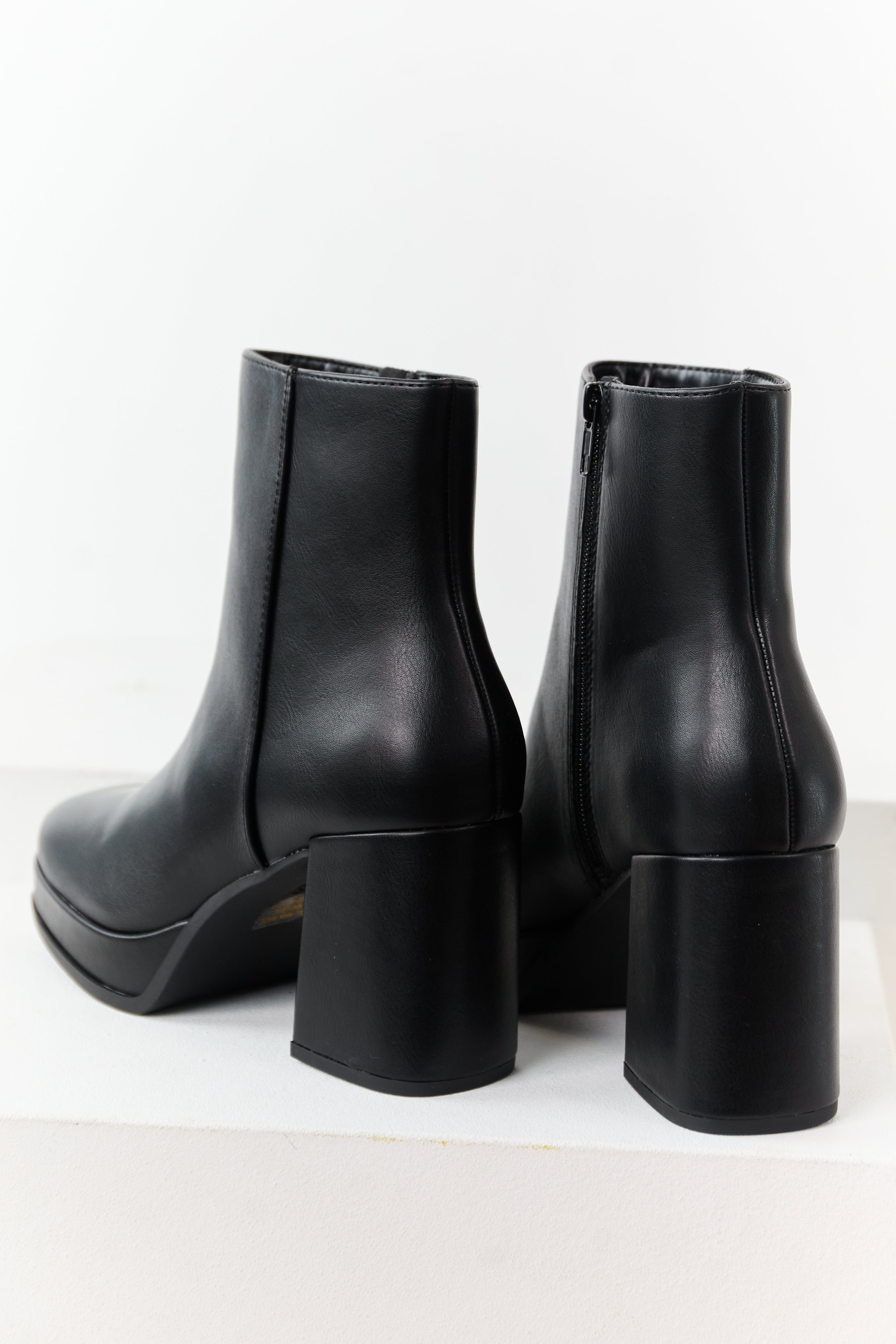 Black Faux Leather Block Heel Round Toe Booties