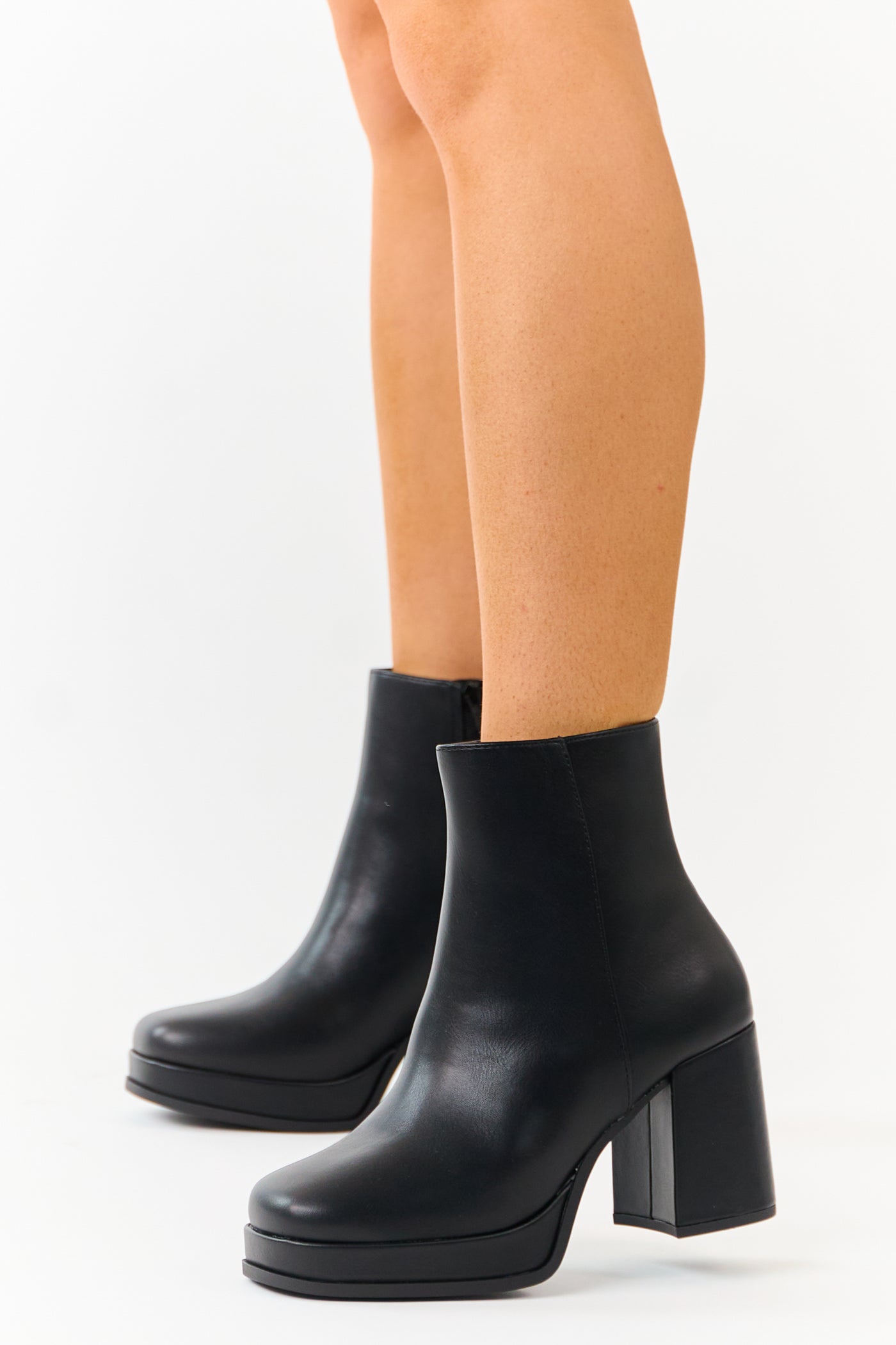 Black Faux Leather Block Heel Round Toe Booties