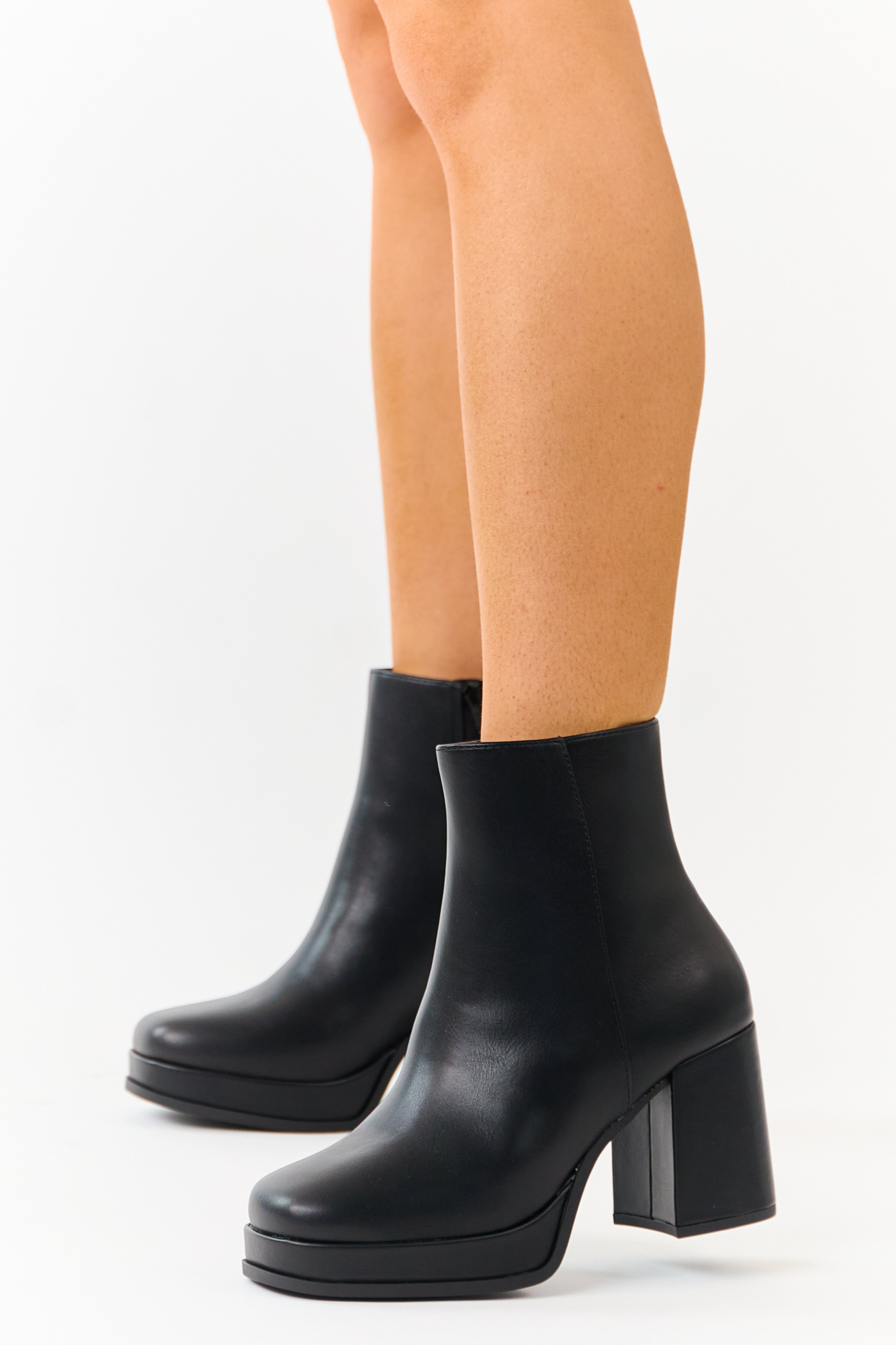 Black Faux Leather Block Heel Round Toe Booties