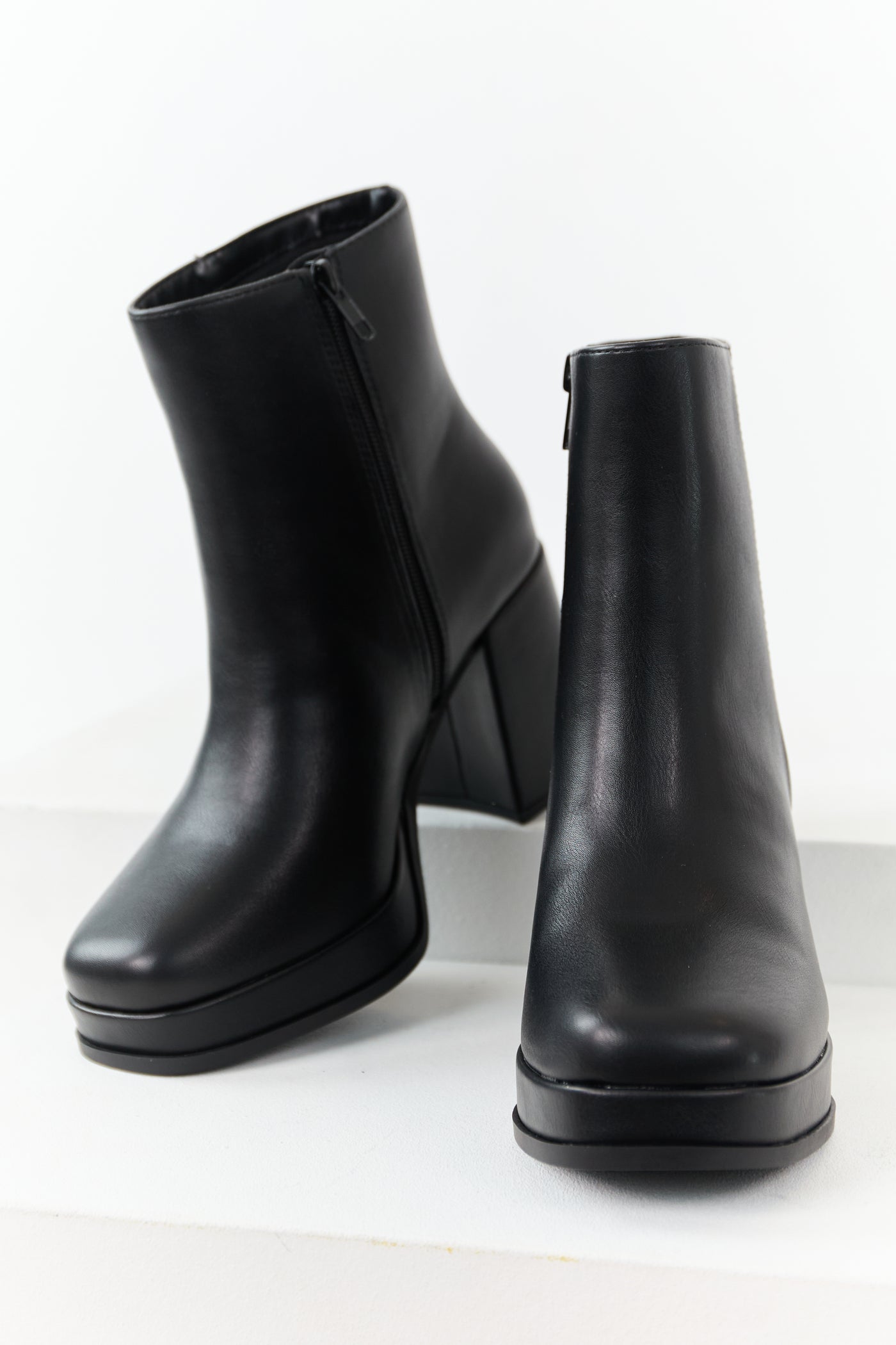 Black Faux Leather Block Heel Round Toe Booties