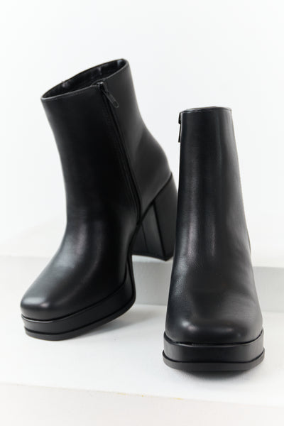 Black Faux Leather Block Heel Round Toe Booties