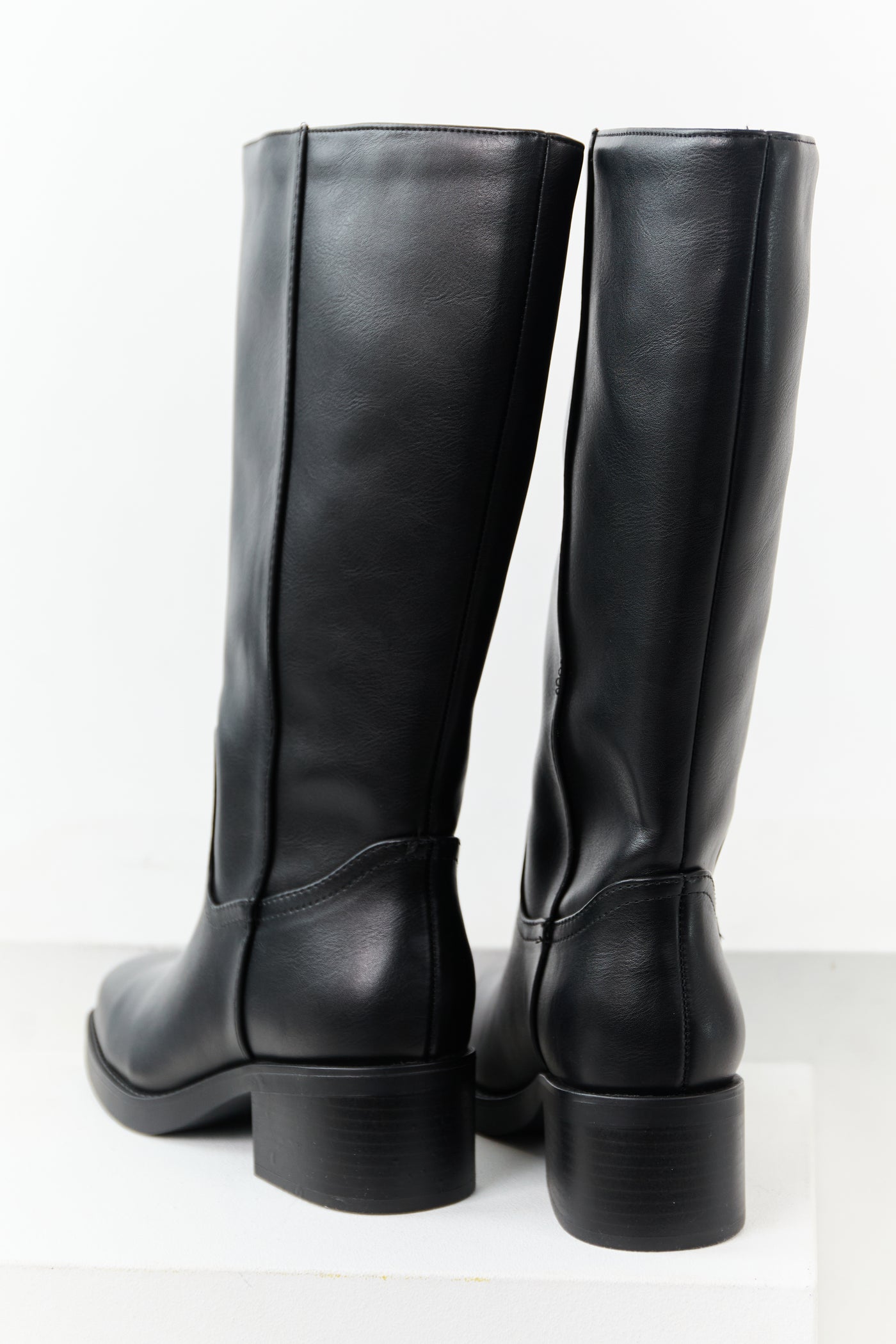 Black Faux Leather Block Heel Tall Riding Boots