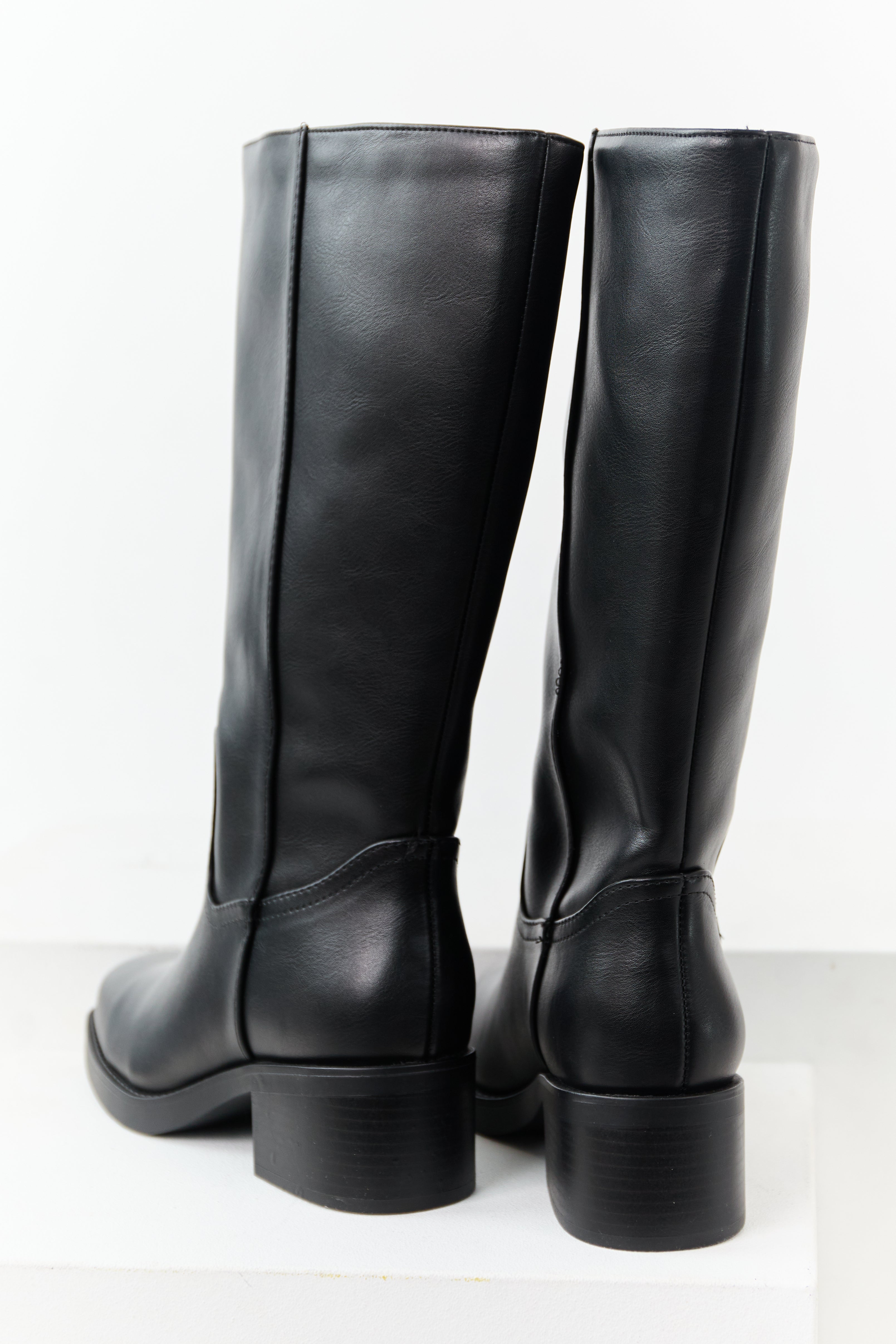 Black Faux Leather Block Heel Tall Riding Boots