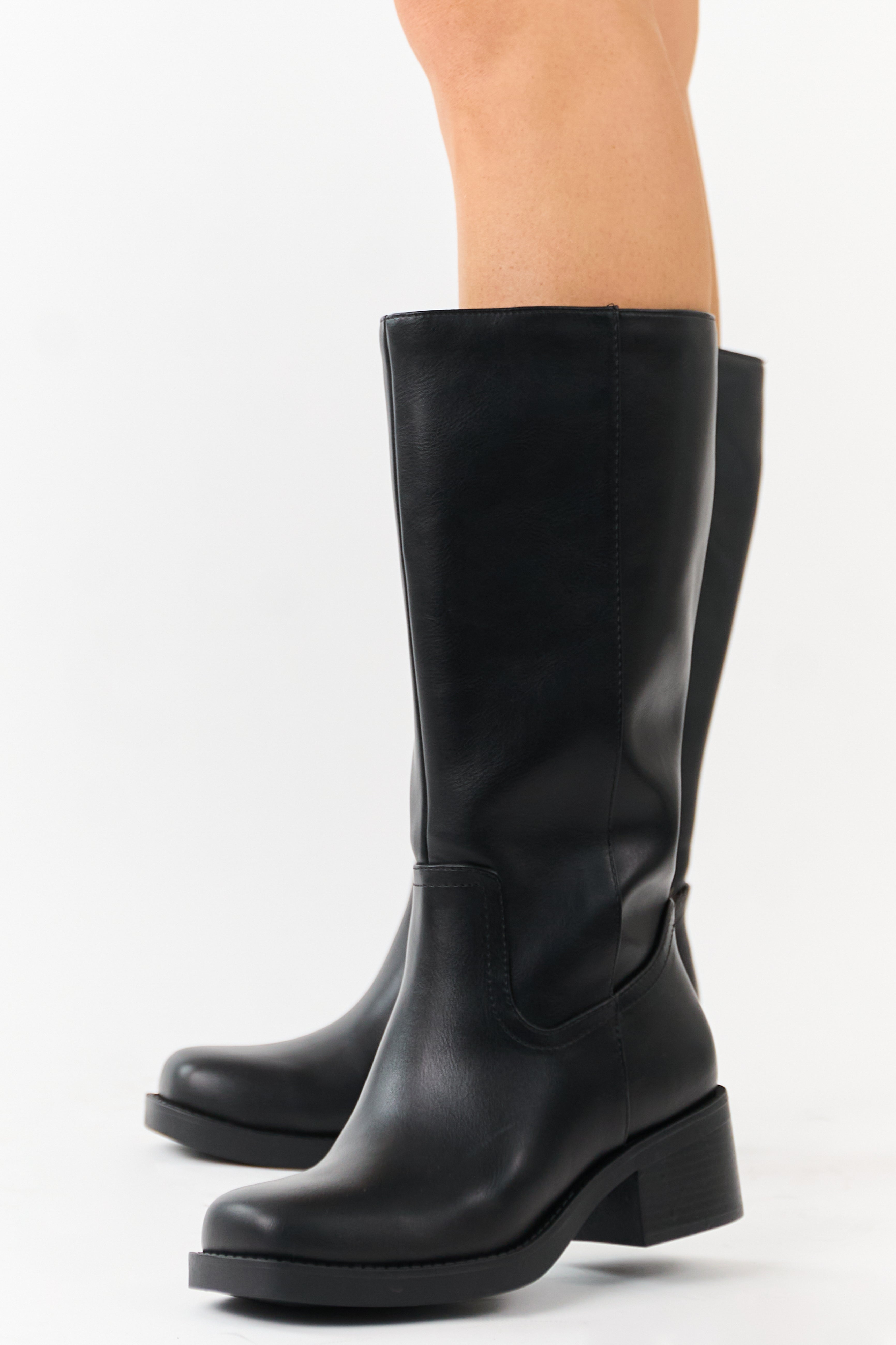 Black Faux Leather Block Heel Tall Riding Boots