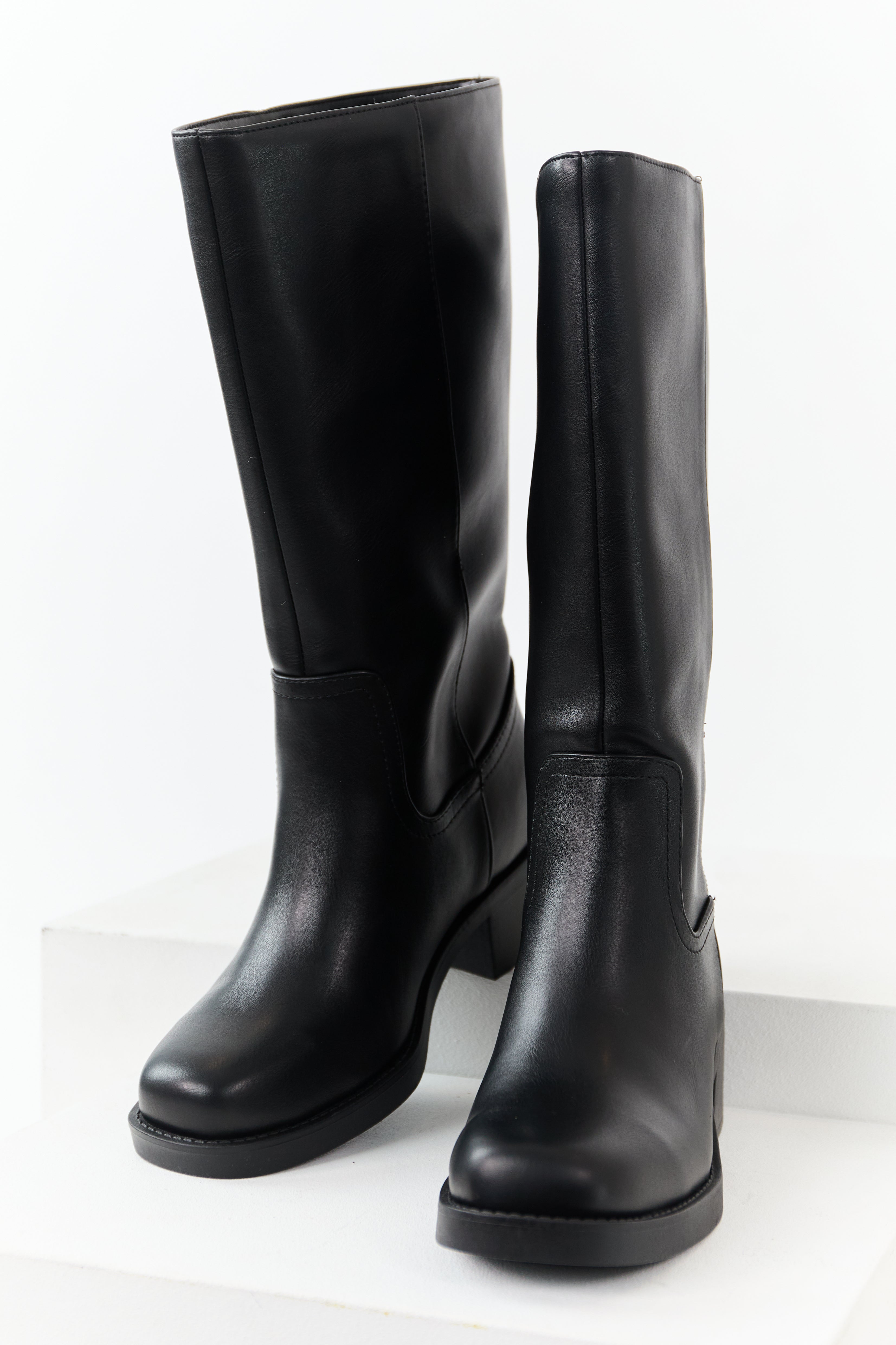 Black Faux Leather Block Heel Tall Riding Boots