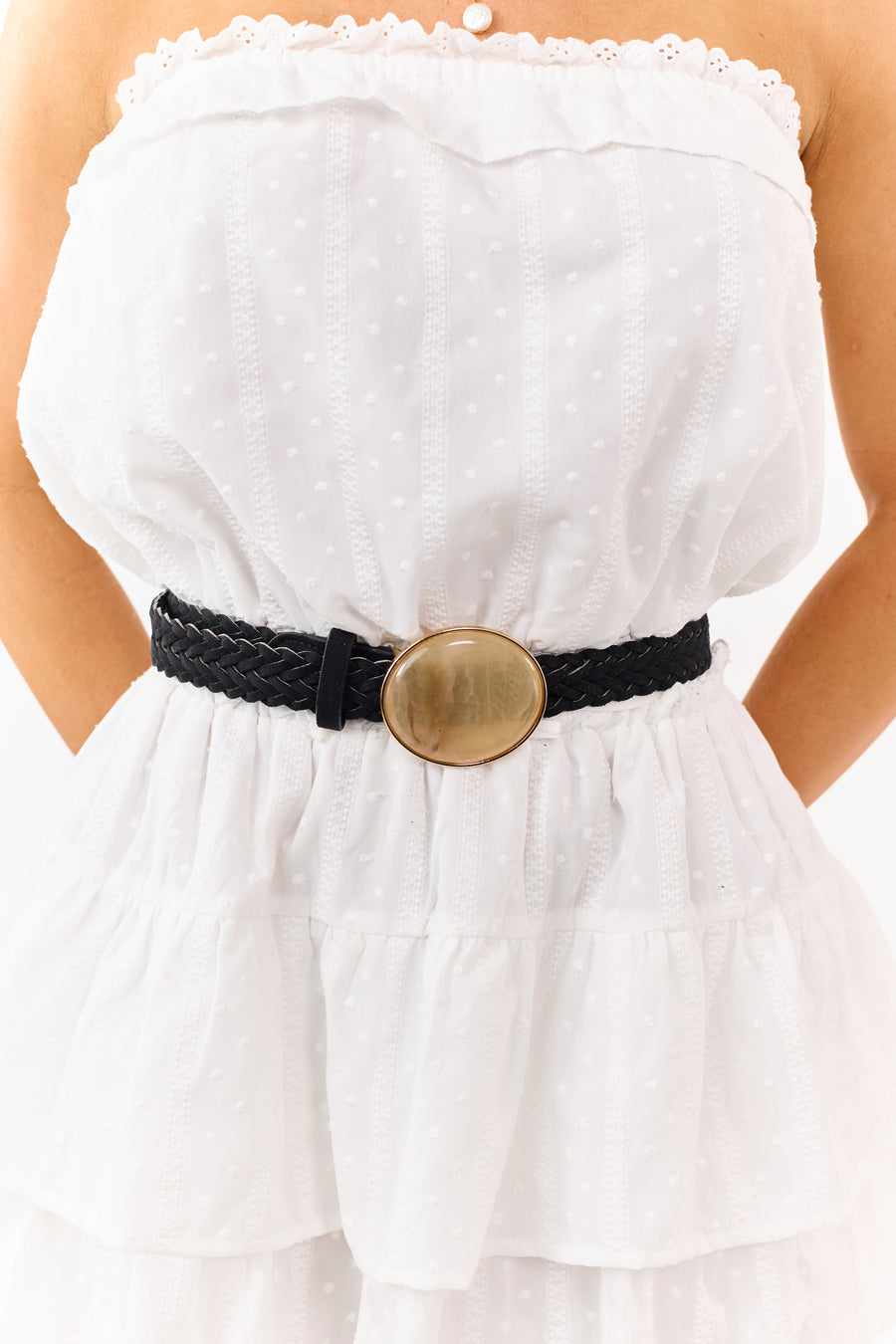 Black Faux Leather Braided Round Buckle Belt