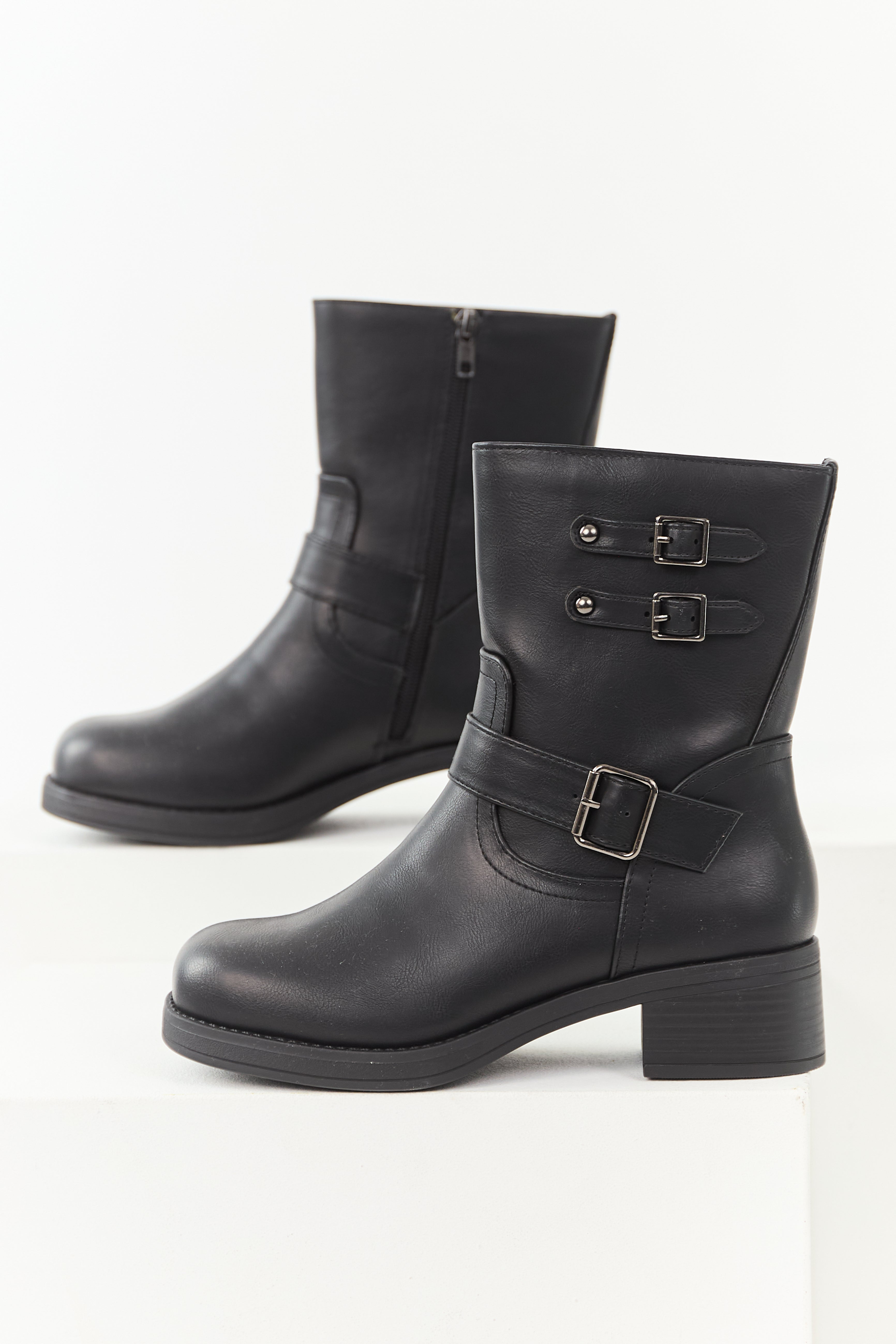 Black Faux Leather Buckle Detail Block Heel Boots | Lime Lush Boutique