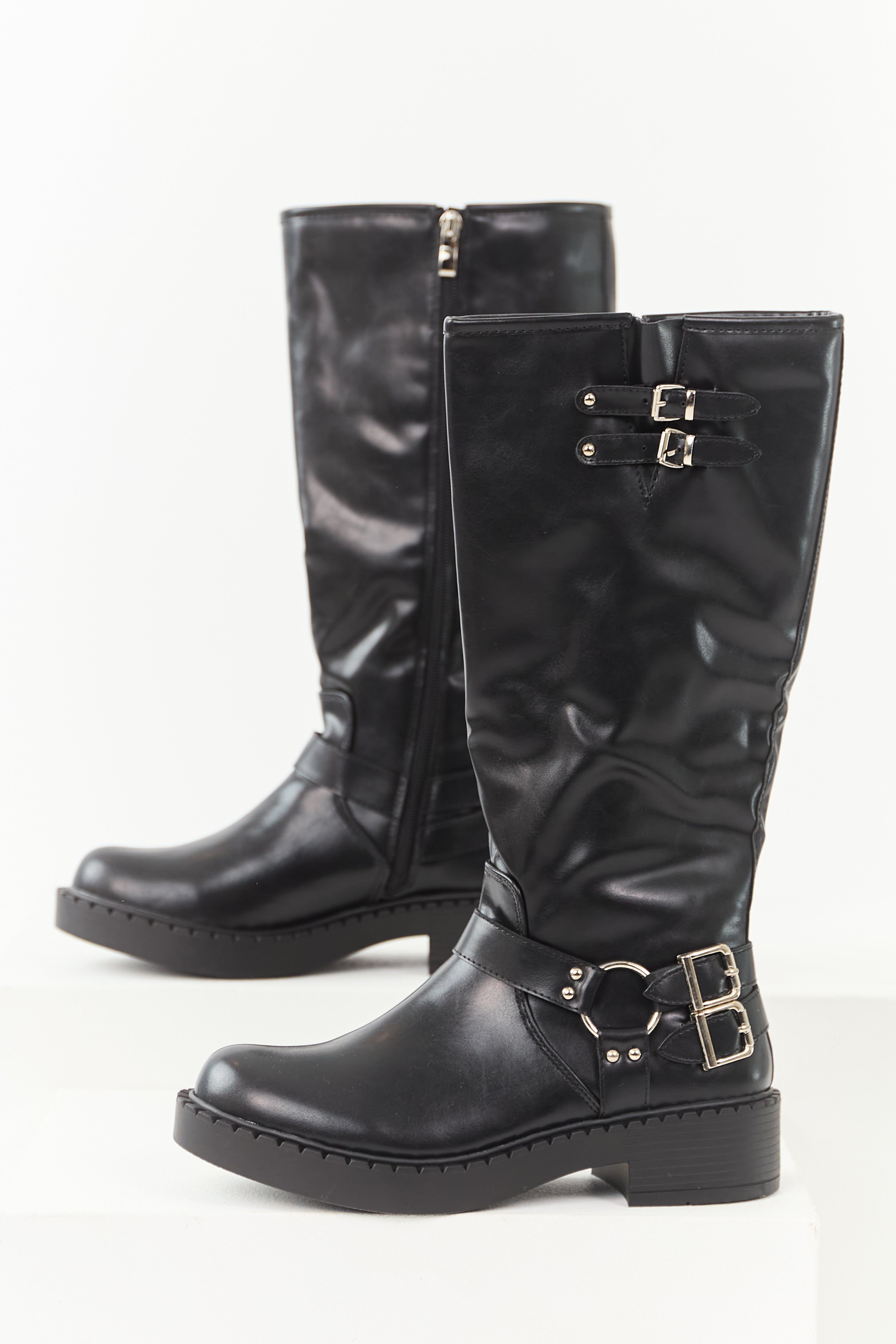 Black Faux Leather Buckle Detail Tall Boots | Lime Lush Boutique