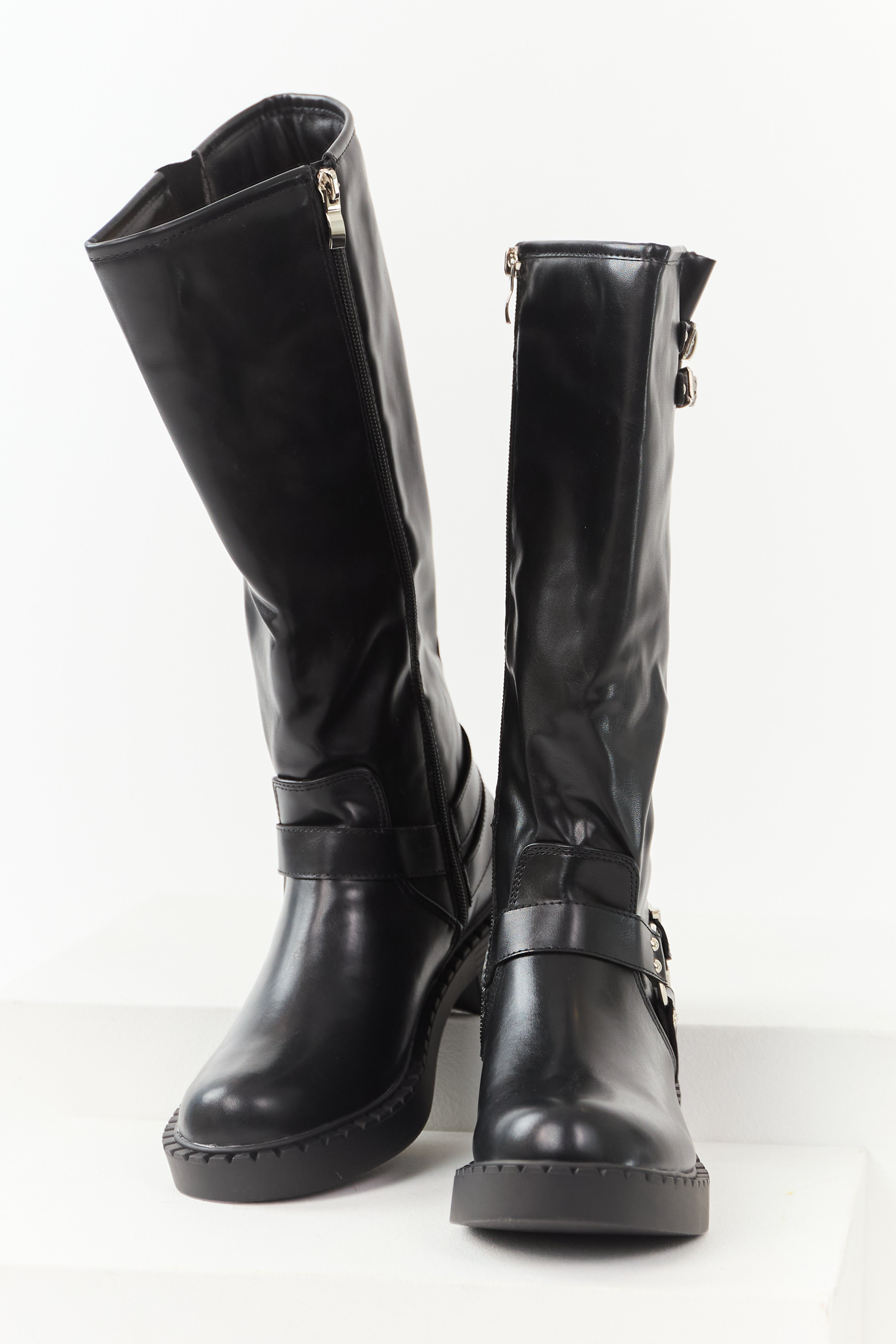 Black Faux Leather Buckle Detail Tall Boots | Lime Lush Boutique