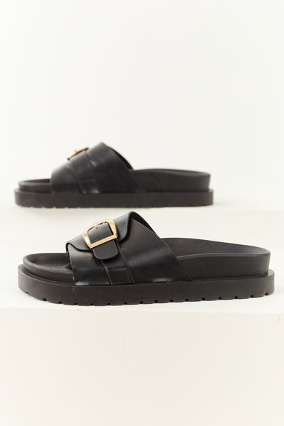 Black Faux Leather Buckle Strap Slip On Sandals