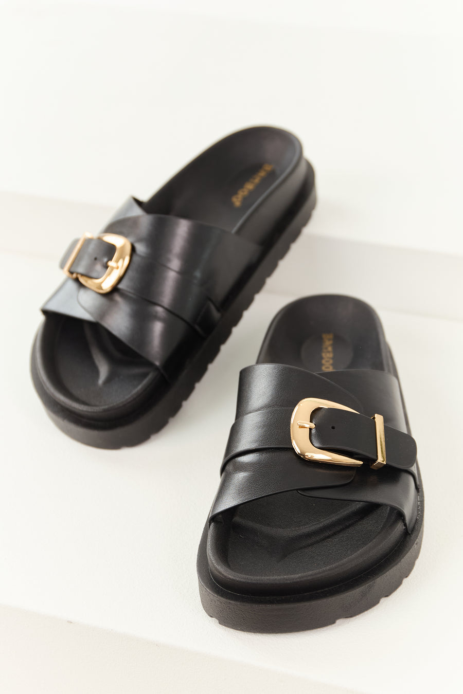 Black Faux Leather Buckle Strap Slip On Sandals