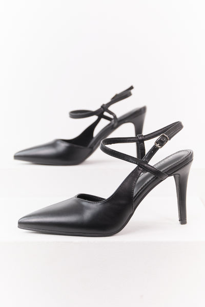 Black Faux Leather Closed Pointed Toe Heels