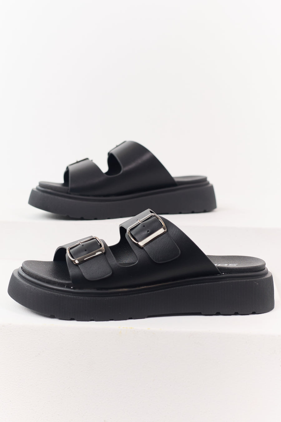 Black Faux Leather Double Strap Platform Sandals
