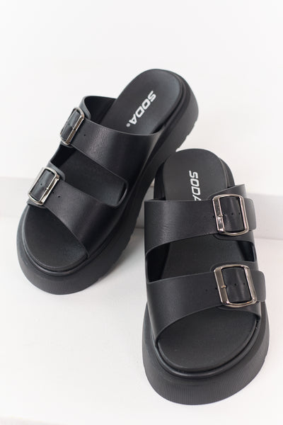 Black Faux Leather Double Strap Platform Sandals