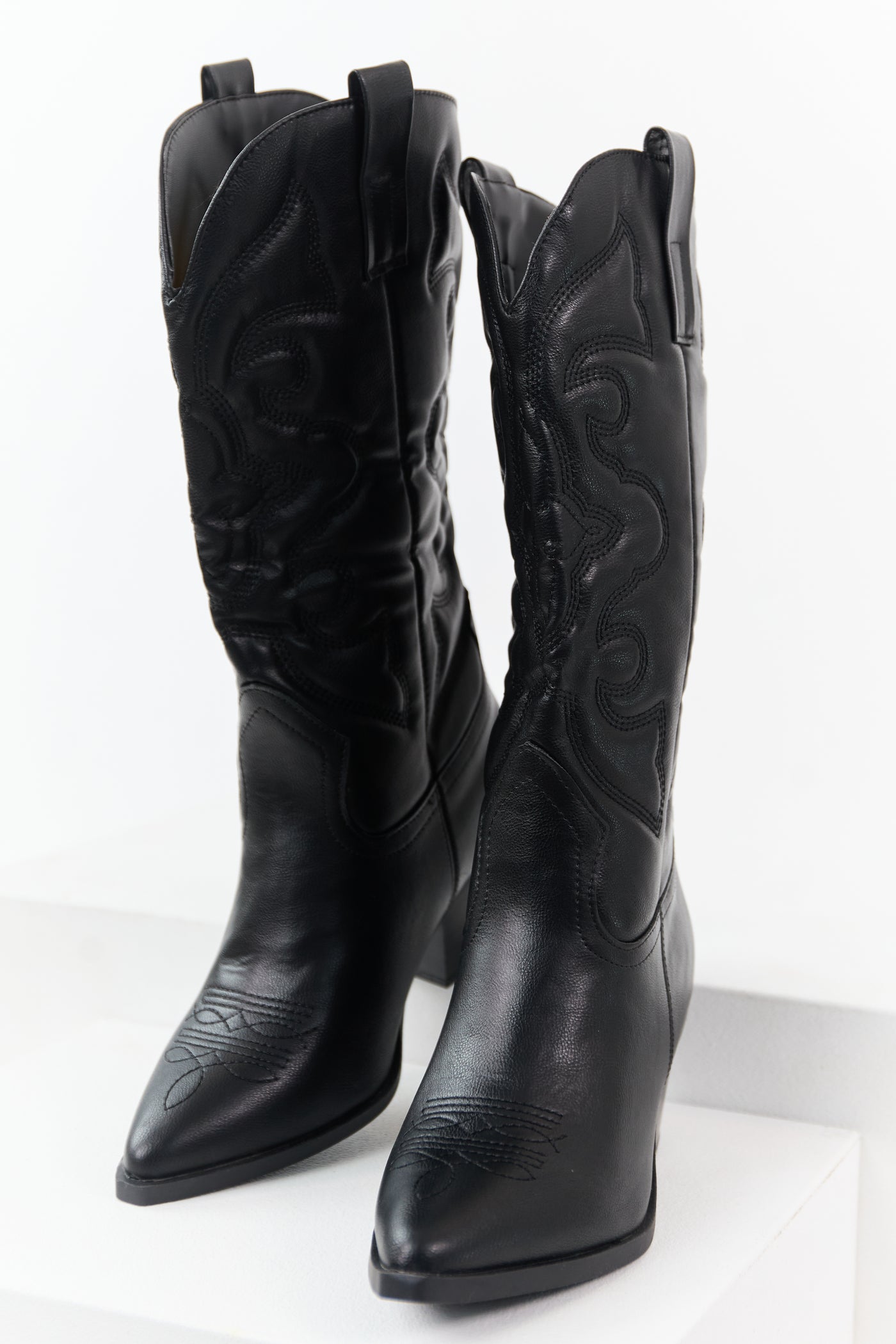 Black Faux Leather Embroidered Cowboy Boots