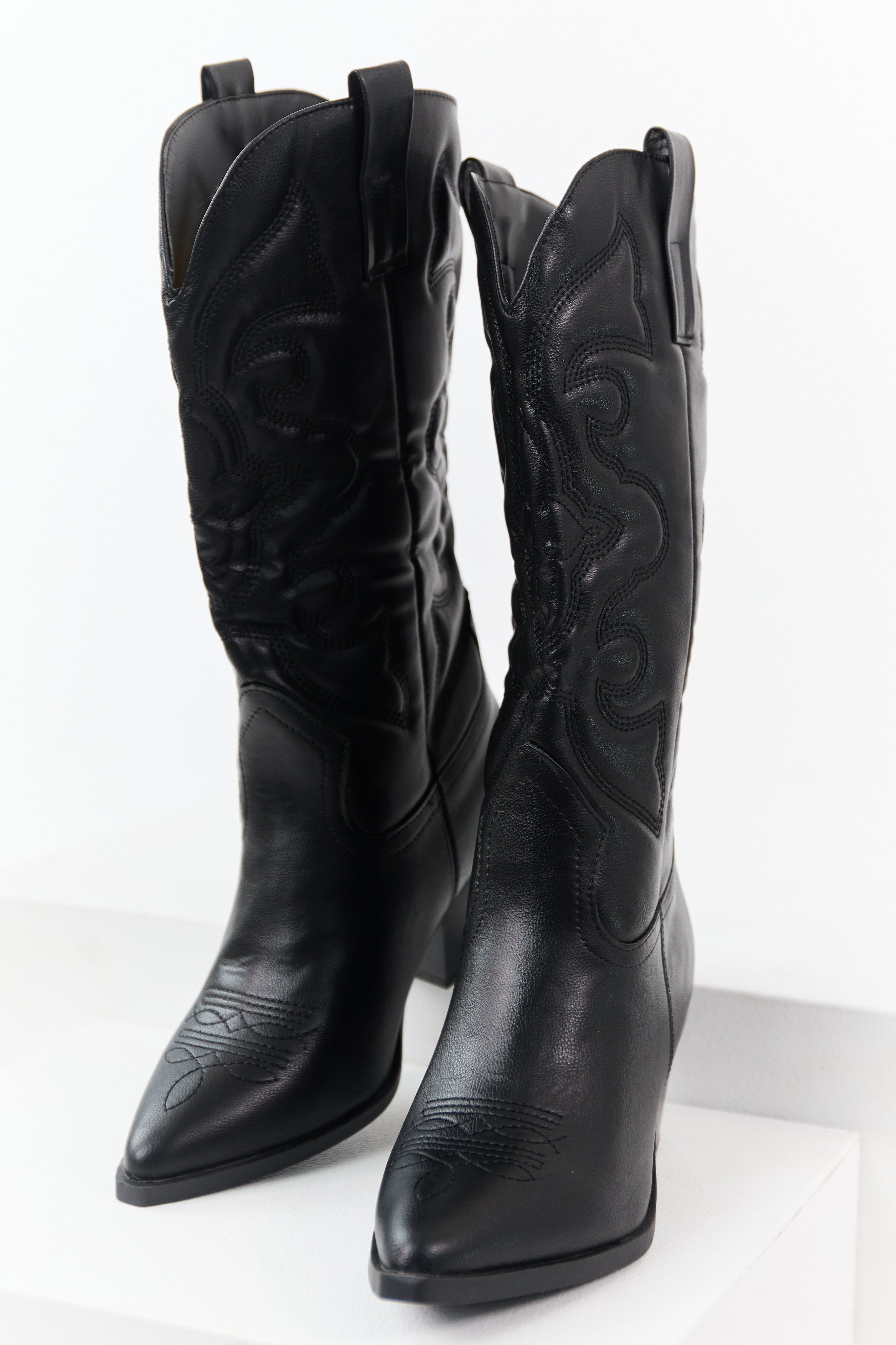 Black Faux Leather Embroidered Cowboy Boots