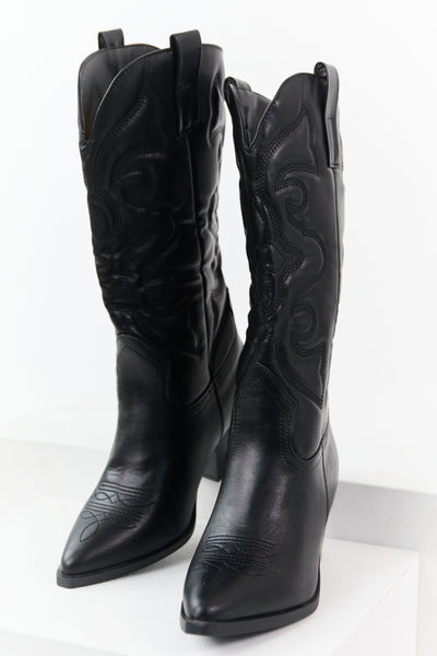 Black Faux Leather Embroidered Cowboy Boots