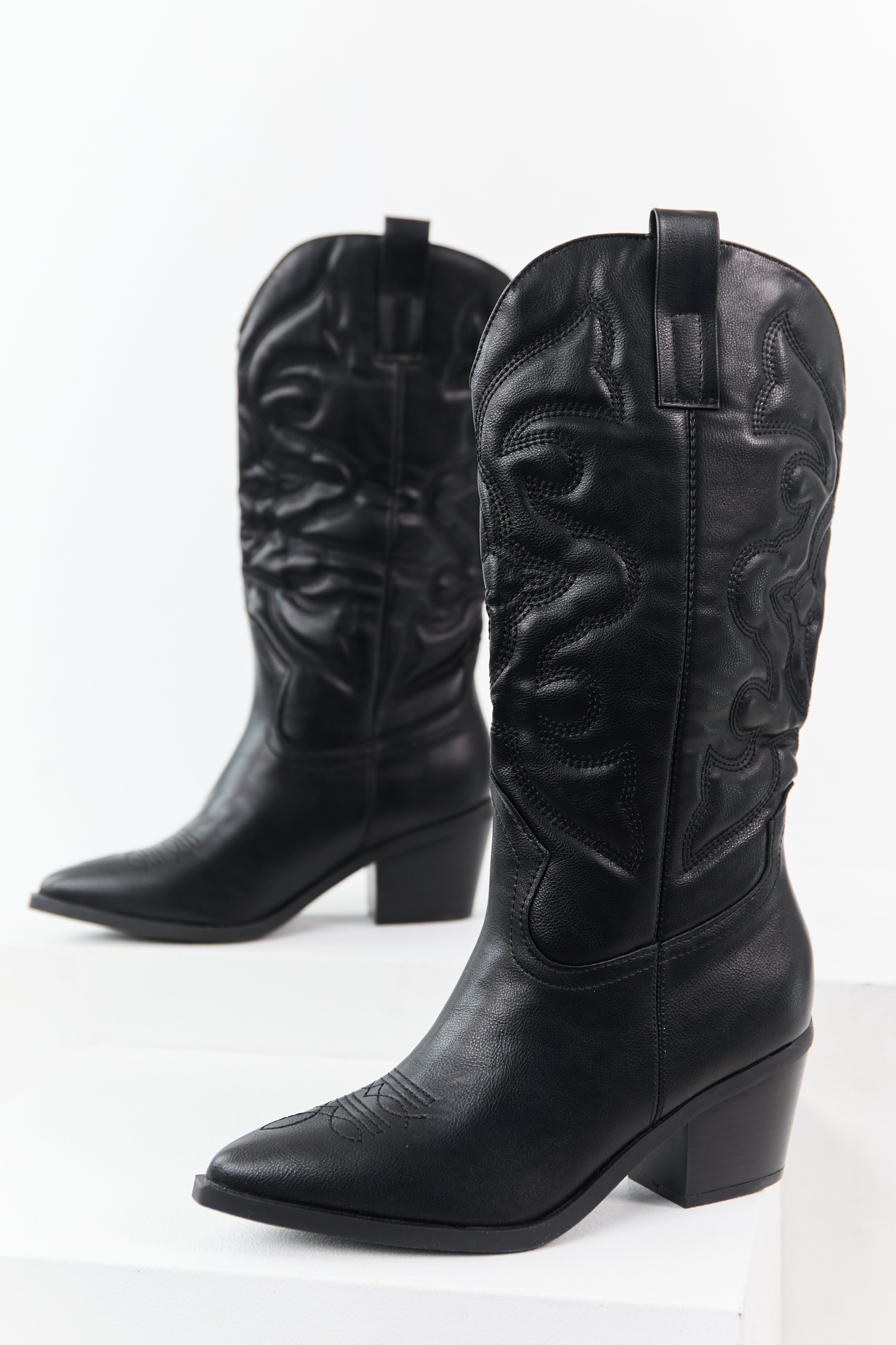Black Faux Leather Embroidered Cowboy Boots