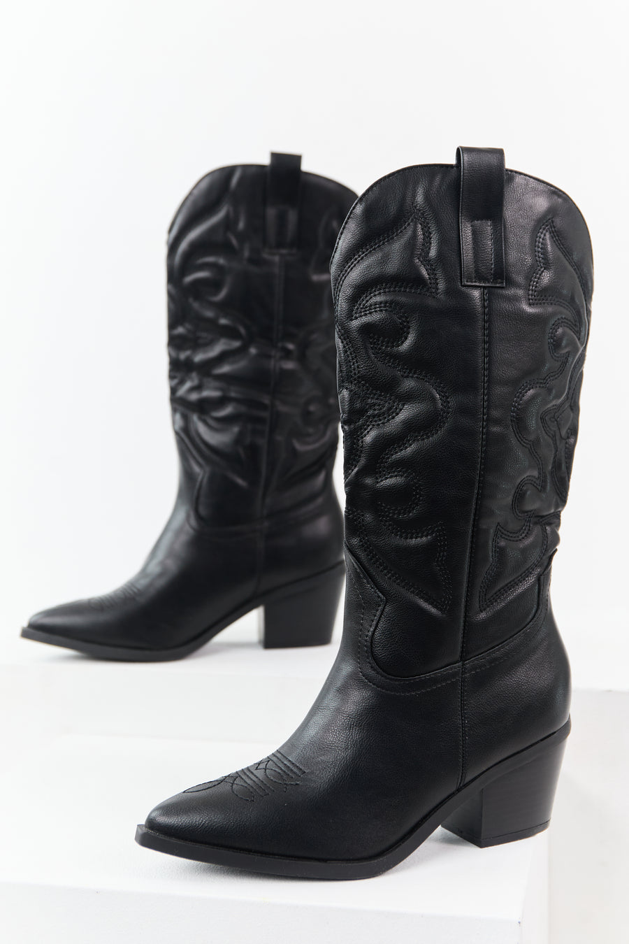 Black Faux Leather Embroidered Cowboy Boots