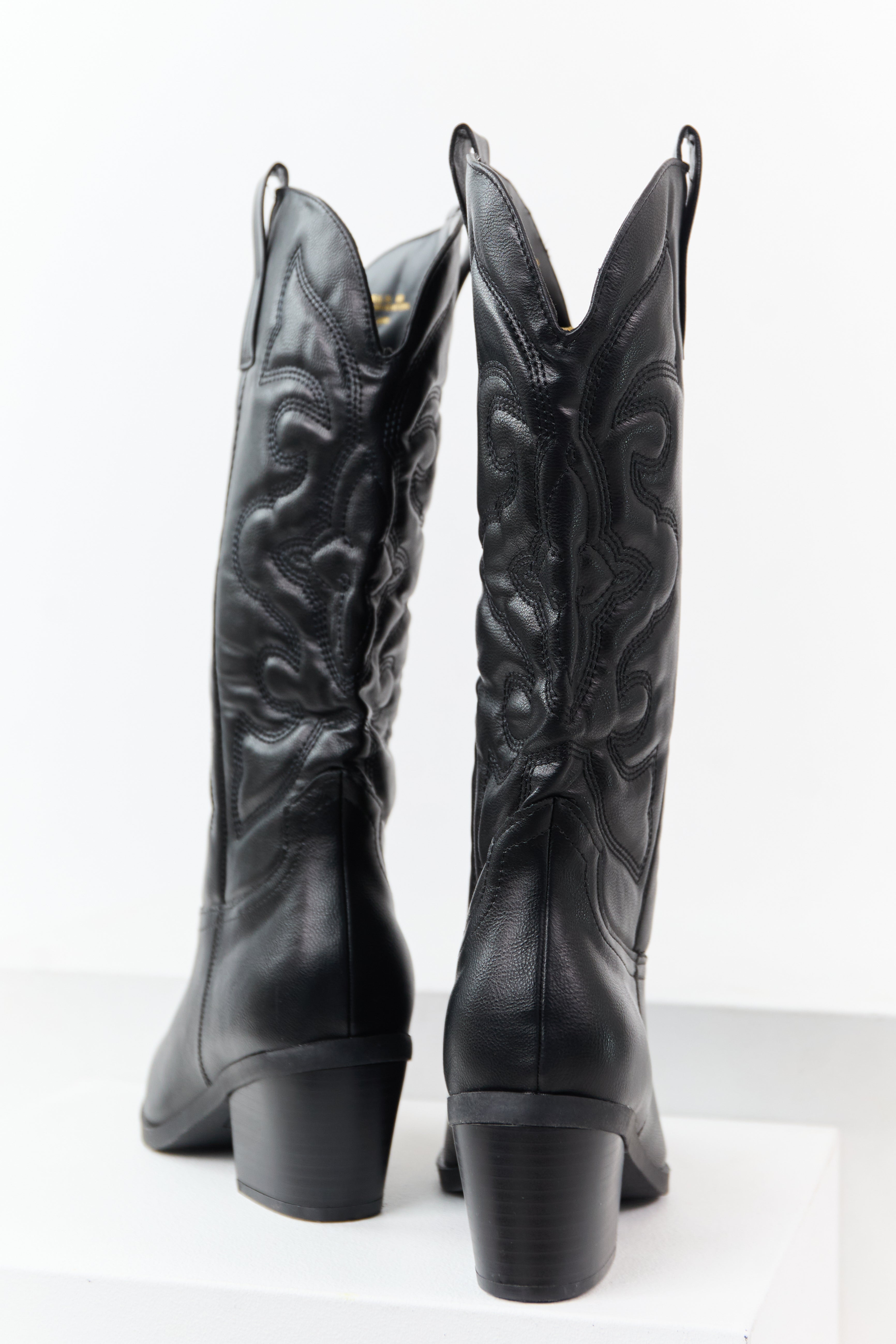Black Faux Leather Embroidered Cowboy Boots