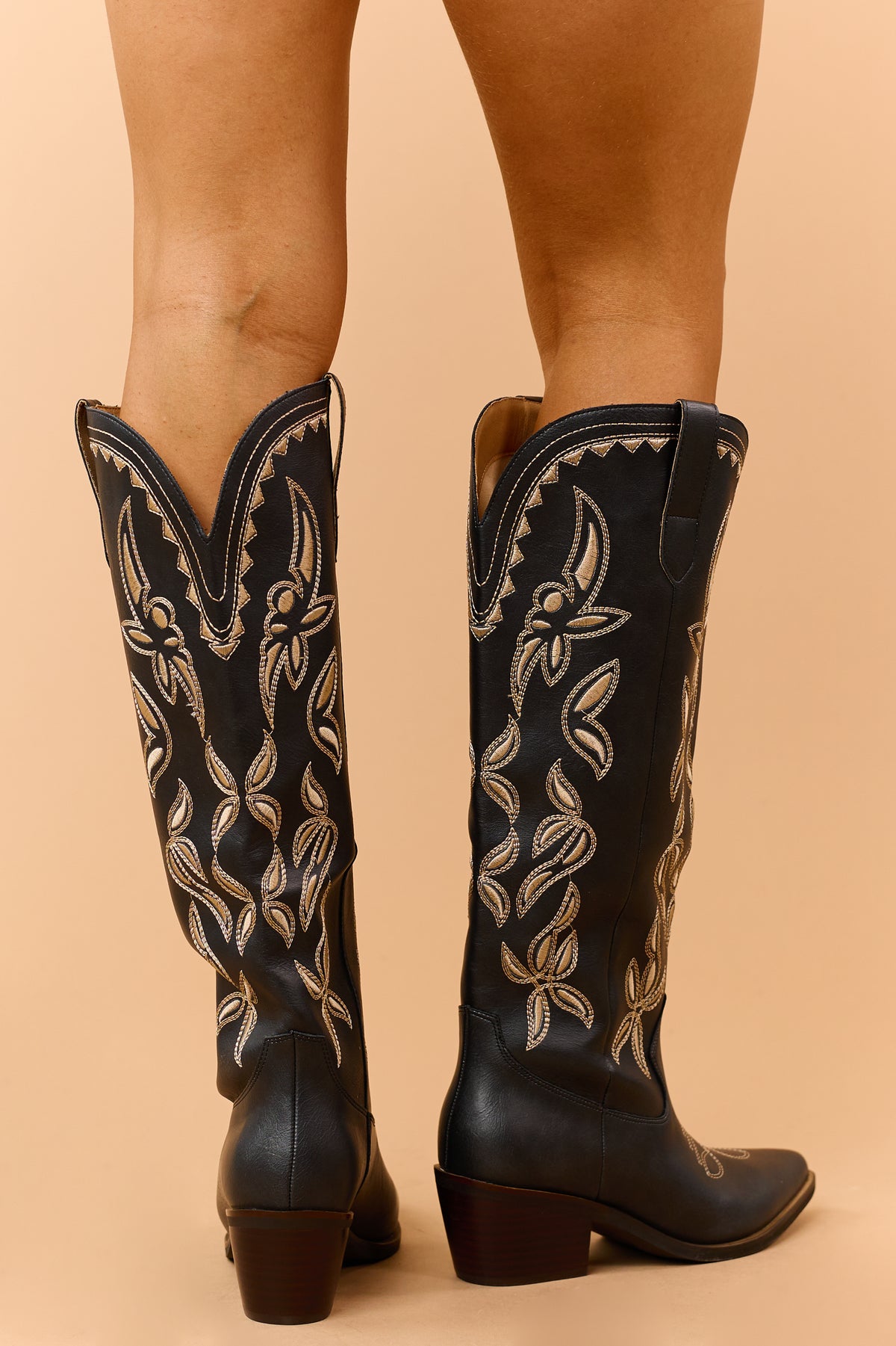 Black Faux Leather Embroidered Western Tall Boots