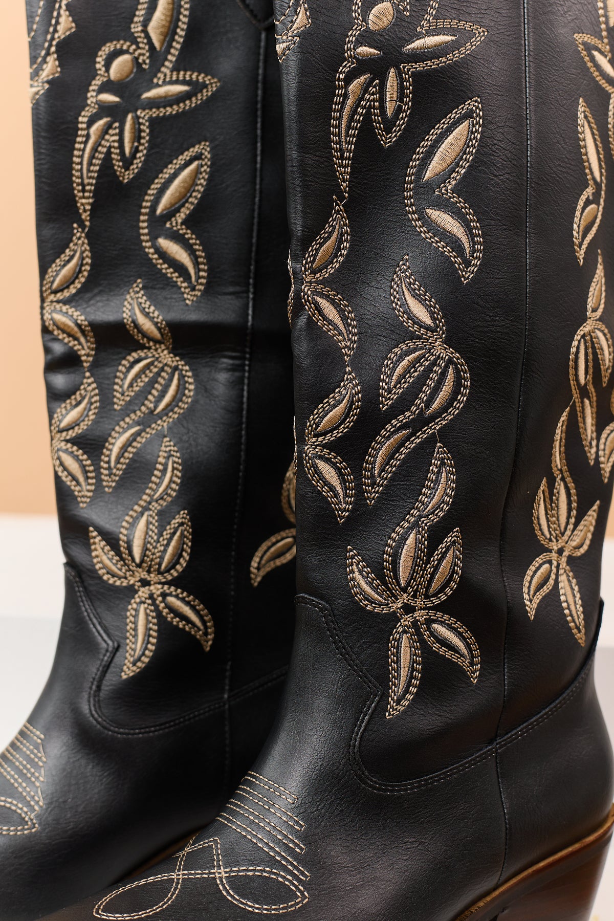 Black Faux Leather Embroidered Western Tall Boots