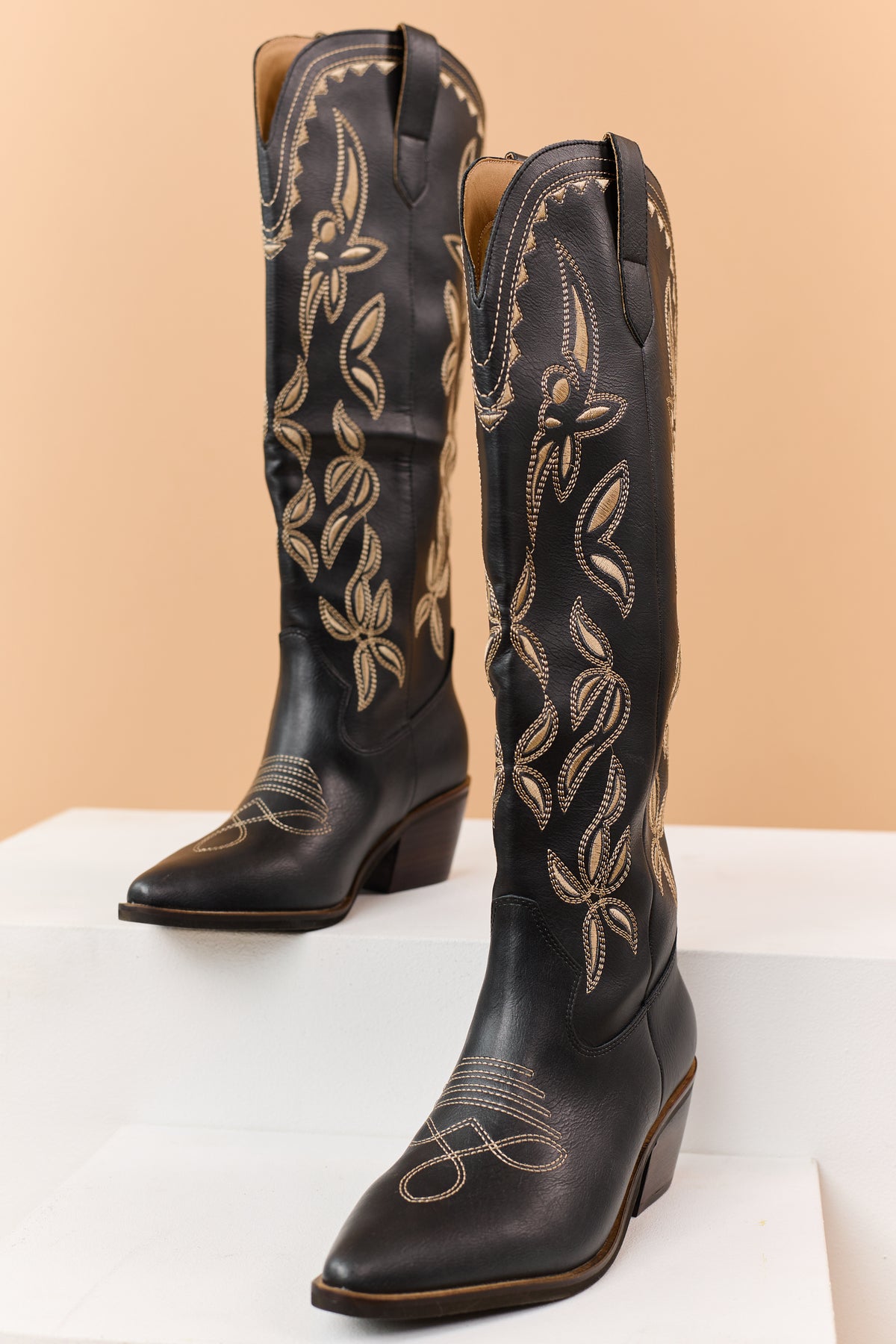 Black Faux Leather Embroidered Western Tall Boots