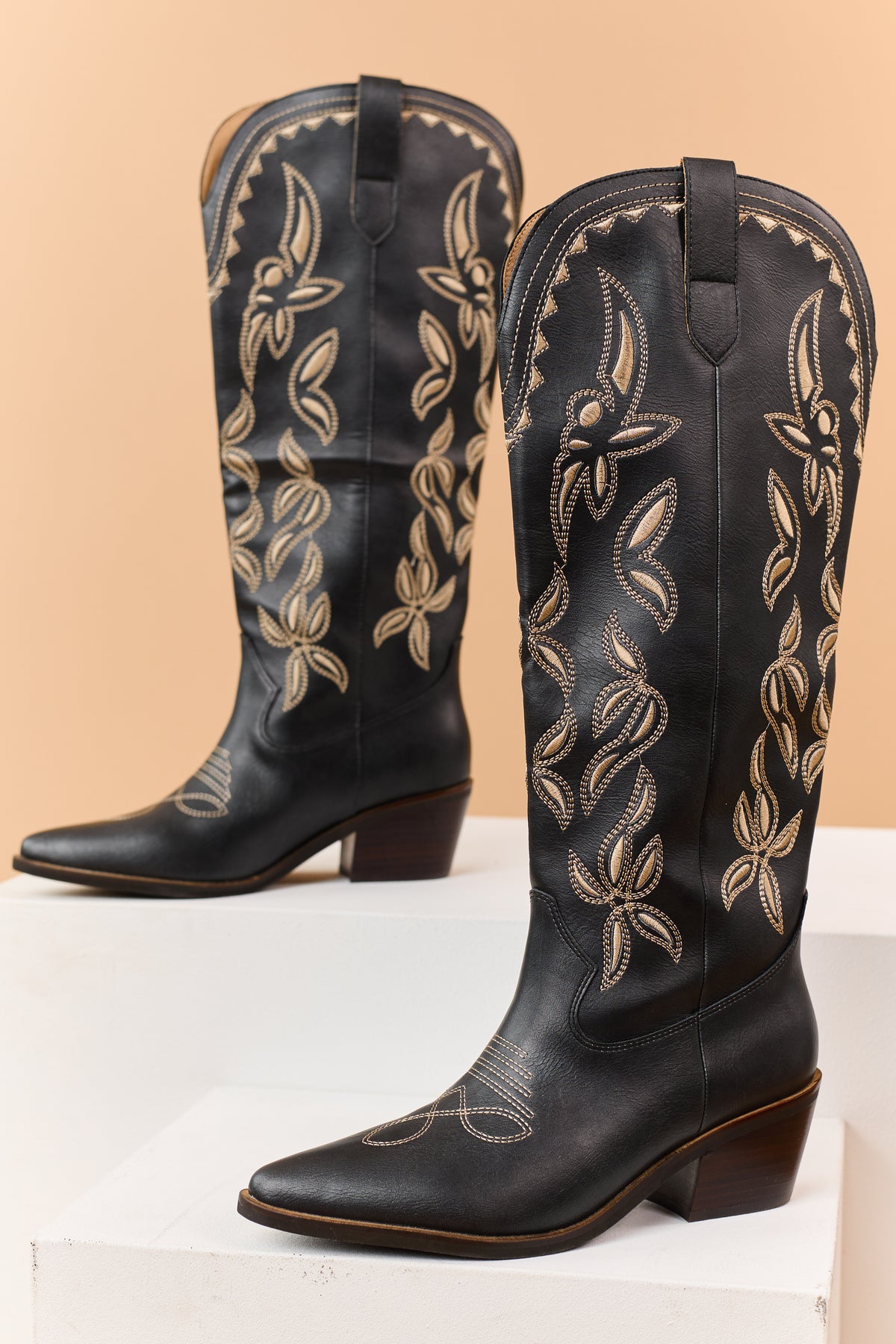 Black Faux Leather Embroidered Western Tall Boots
