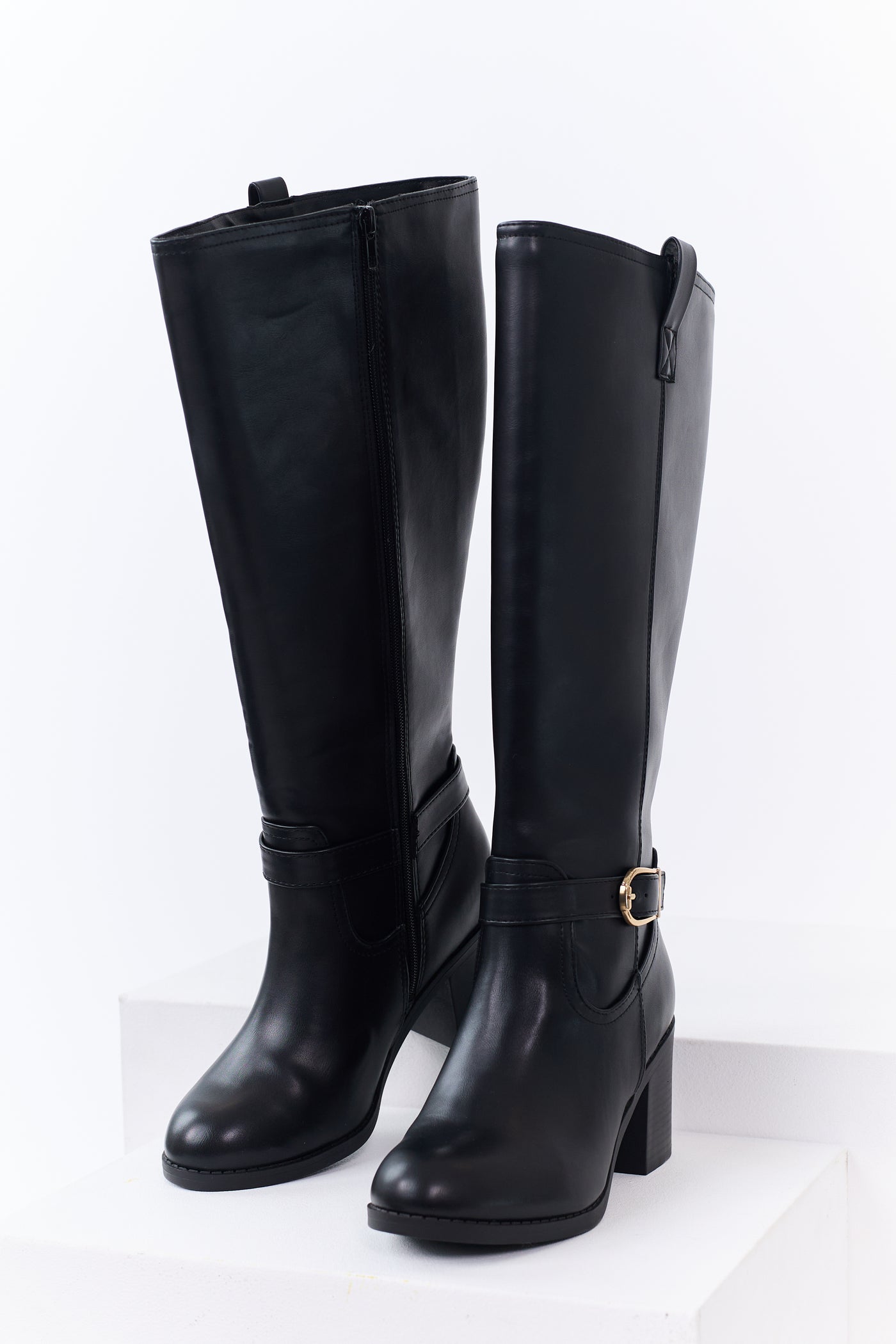 Black Faux Leather Gold Buckle Ankle Strap Boots
