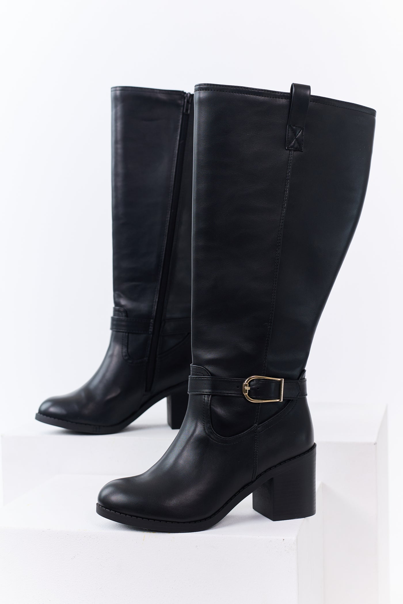 Black Faux Leather Gold Buckle Ankle Strap Boots